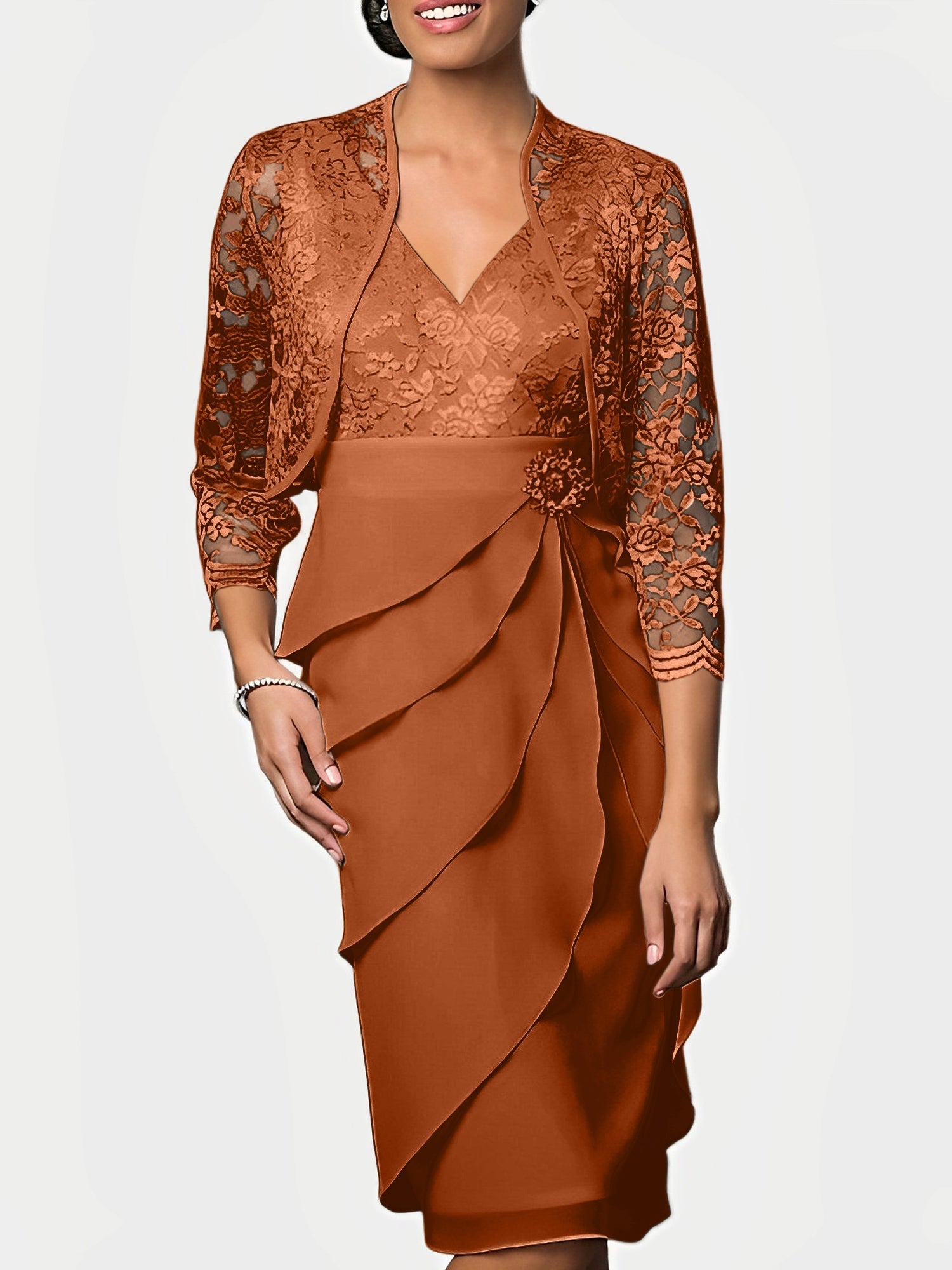 Women's Elegant Two-Piece Lace & Ruffle Formal Dress Set with Jacket Mother of the Bride Dress