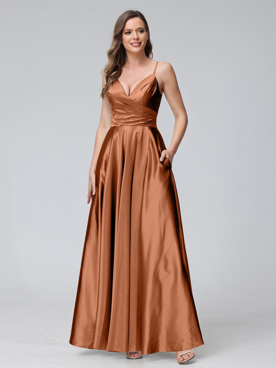 Vestidos de fiesta/damas de honor formales de seda satinada, corte A/Princesa, cuello en V, sin mangas, hasta el tobillo, con bolsillos y abertura lateral