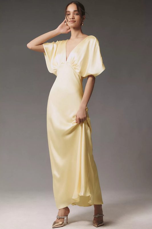 Women's Elegant V-Neck Satin Charmeuse Maxi Dress Short Sleeves Party Wedding Guest Bridesmaid Dresses