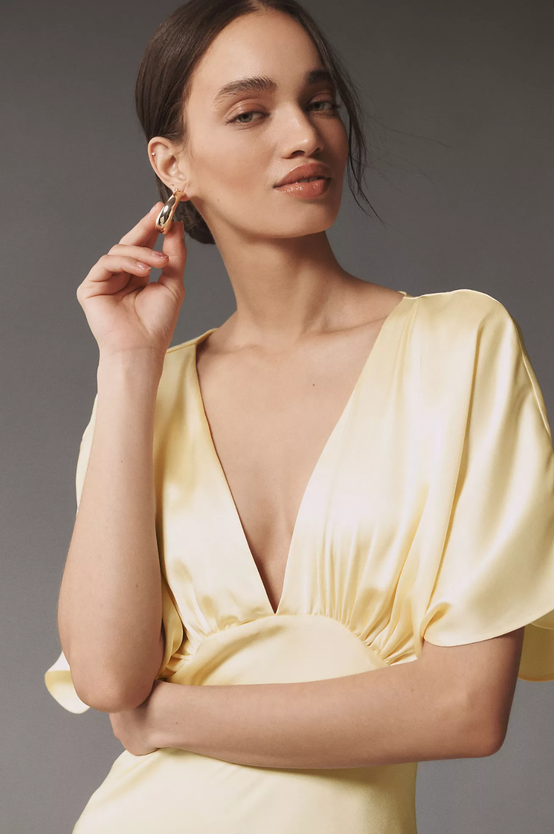 Women's Elegant V-Neck Satin Charmeuse Maxi Dress Short Sleeves Party Wedding Guest Bridesmaid Dresses