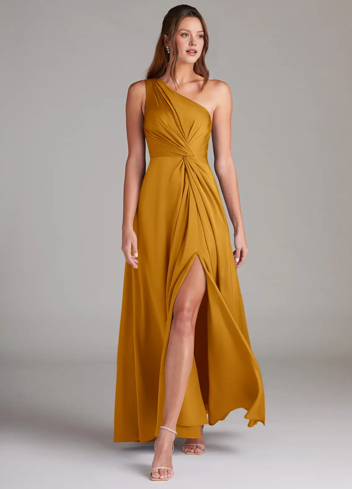 Elegant One-Shoulder Satin Evening Gown Party Wedding Guest Dresses with High Slit and Draped Waist Detail