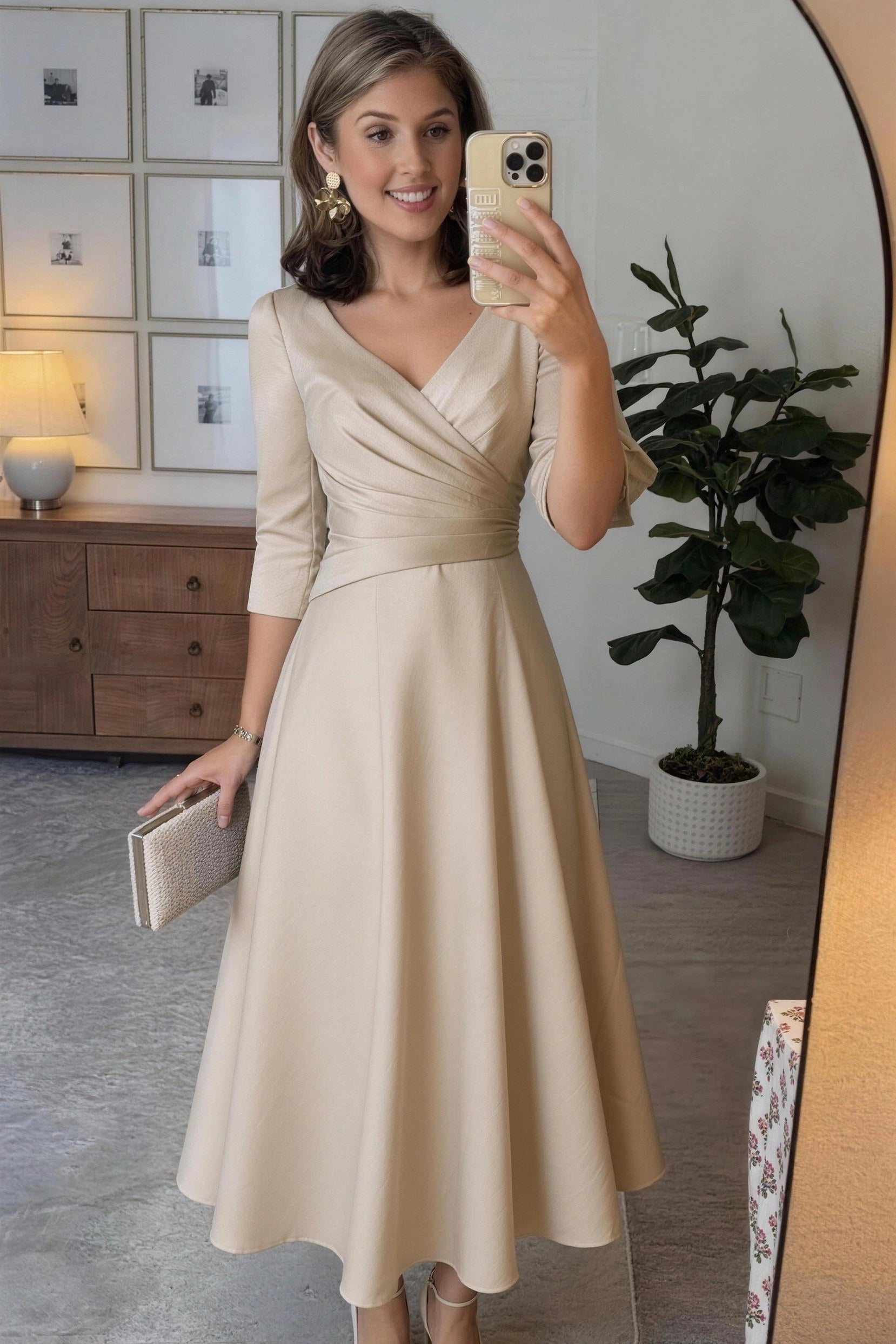 Classic A-Line V Neck 3/4 Sleeve Zip Back Midi Mother Of The Bride Dress