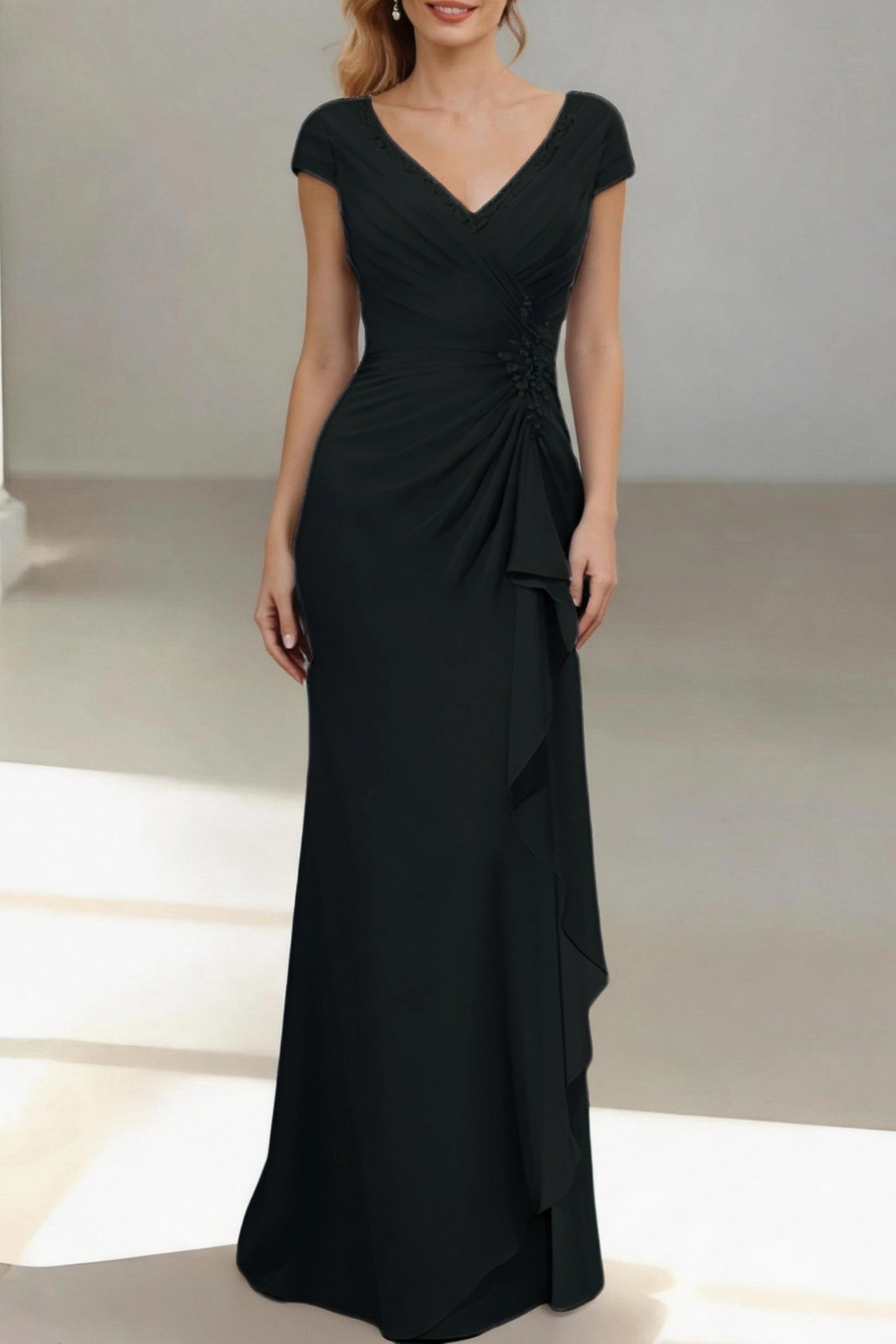 Slim Mermaid V Neck Cap Sleeve Zip Back Floor Length Mother Of The Bride Dress