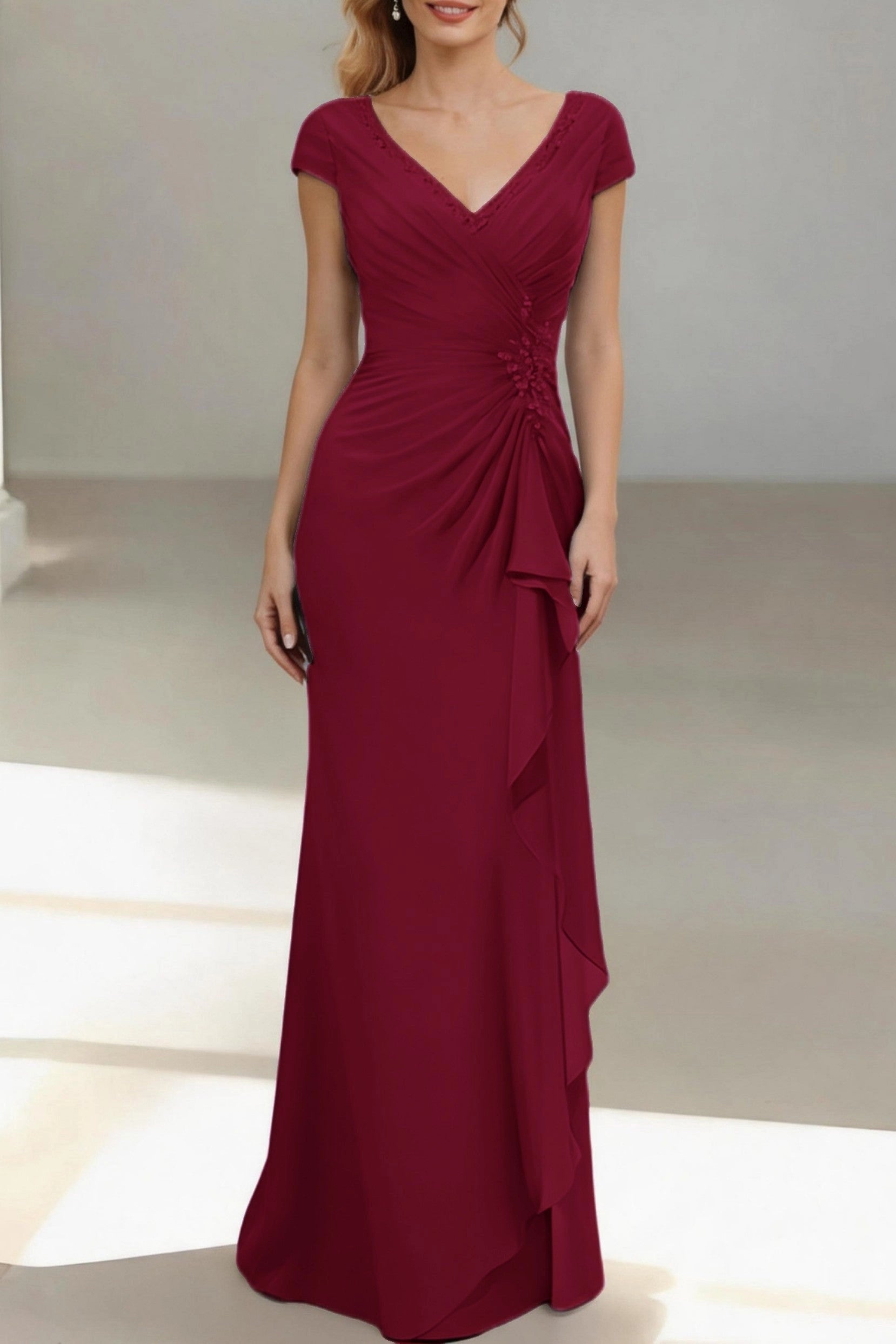 Slim Mermaid V Neck Cap Sleeve Zip Back Floor Length Mother Of The Bride Dress