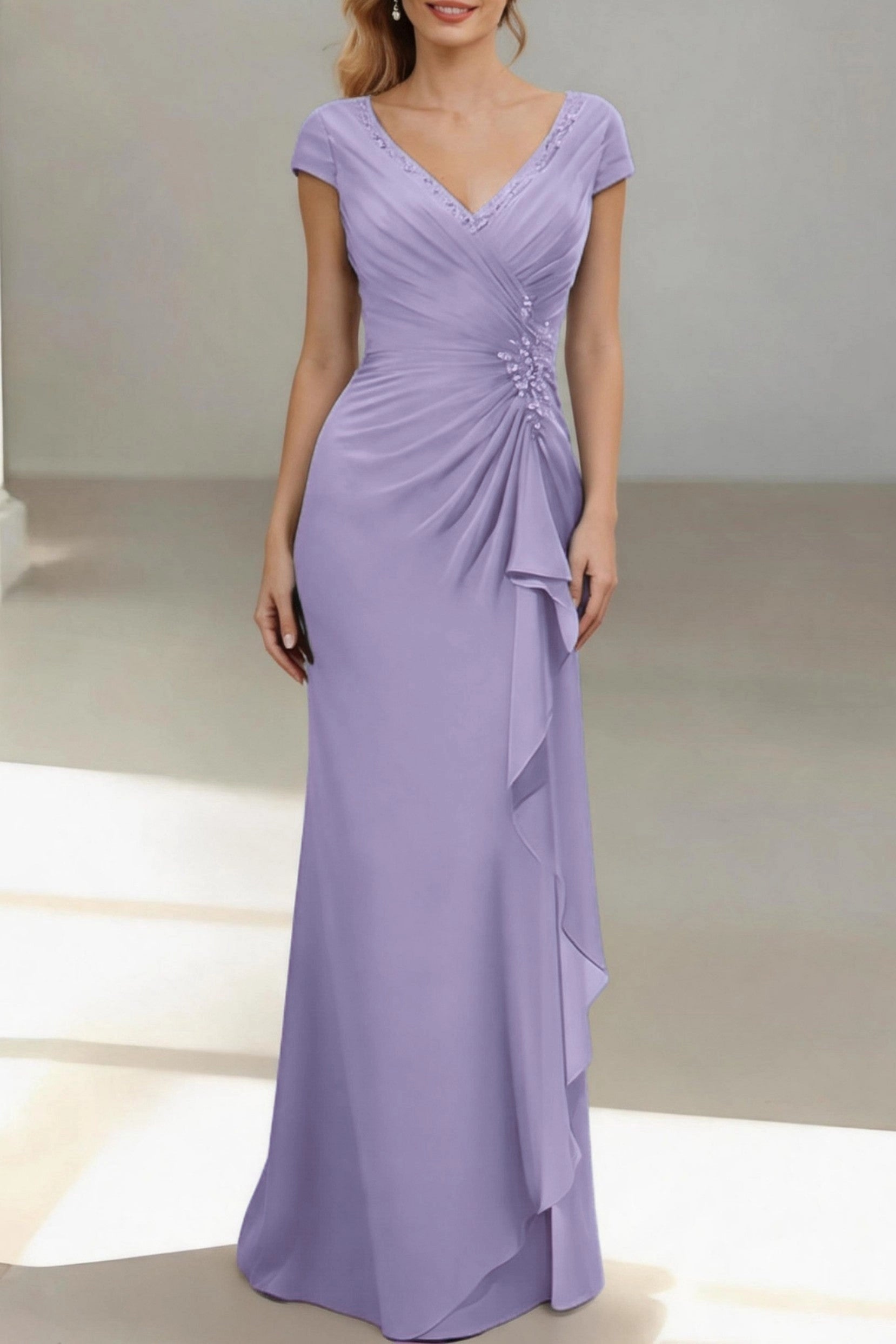 Slim Mermaid V Neck Cap Sleeve Zip Back Floor Length Mother Of The Bride Dress