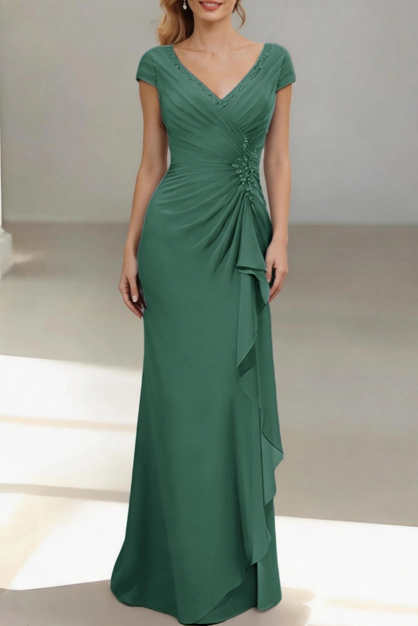 Slim Mermaid V Neck Cap Sleeve Zip Back Floor Length Mother Of The Bride Dress