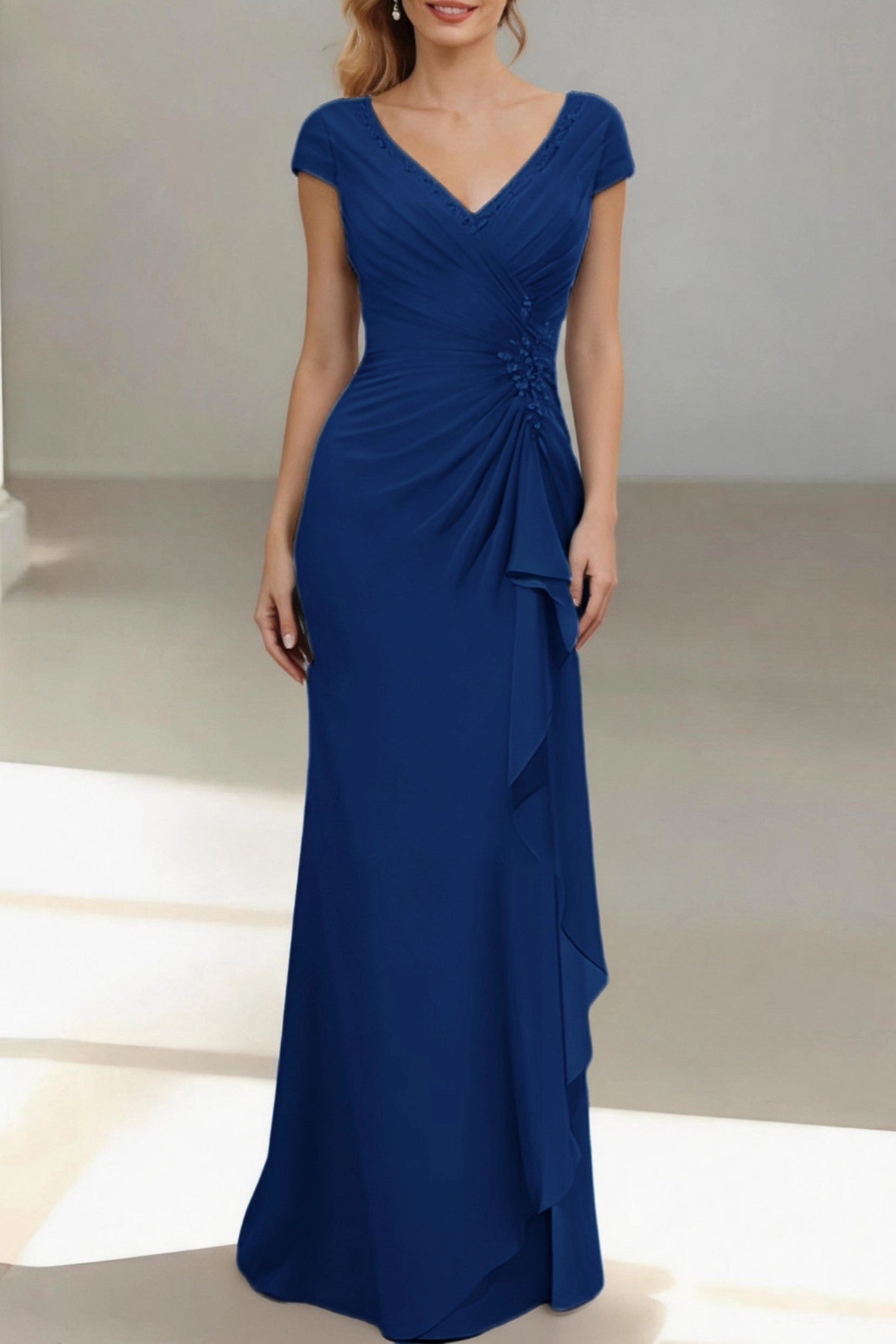 Slim Mermaid V Neck Cap Sleeve Zip Back Floor Length Mother Of The Bride Dress