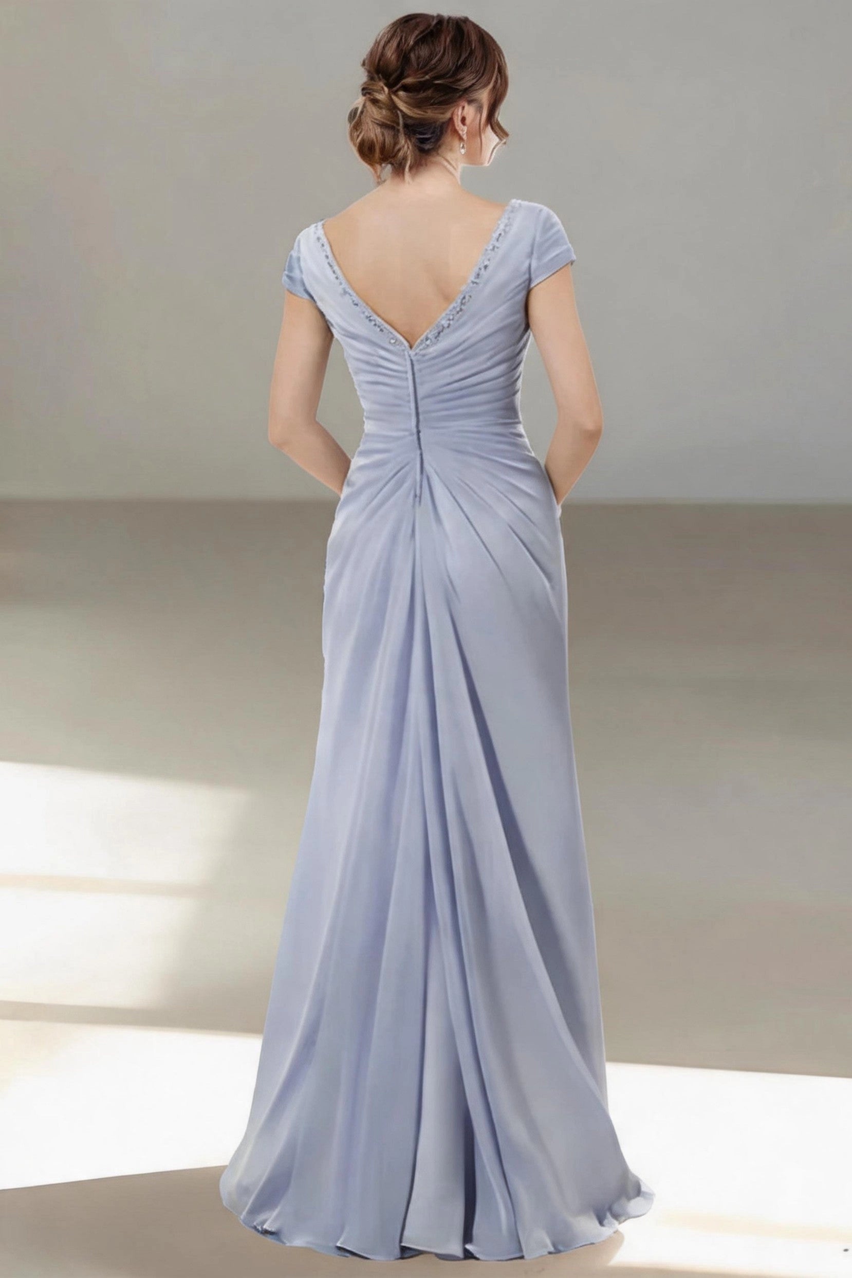 Slim Mermaid V Neck Cap Sleeve Zip Back Floor Length Mother Of The Bride Dress