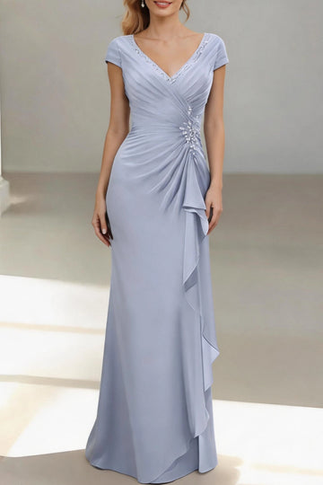 Slim Mermaid V Neck Cap Sleeve Zip Back Floor Length Mother Of The Bride Dress