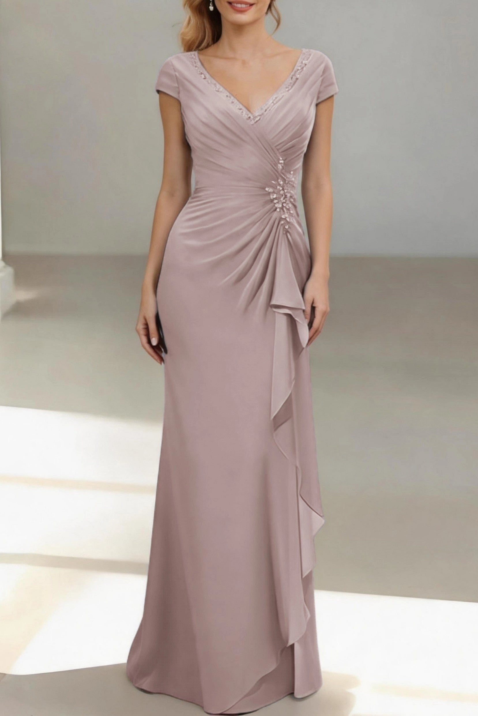 Slim Mermaid V Neck Cap Sleeve Zip Back Floor Length Mother Of The Bride Dress