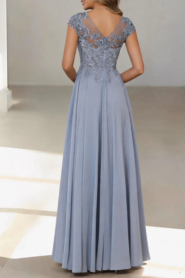 Flowy A-Line Bateau Short Sleeve Zip Back Floor Length Mother Of The Bride Dress