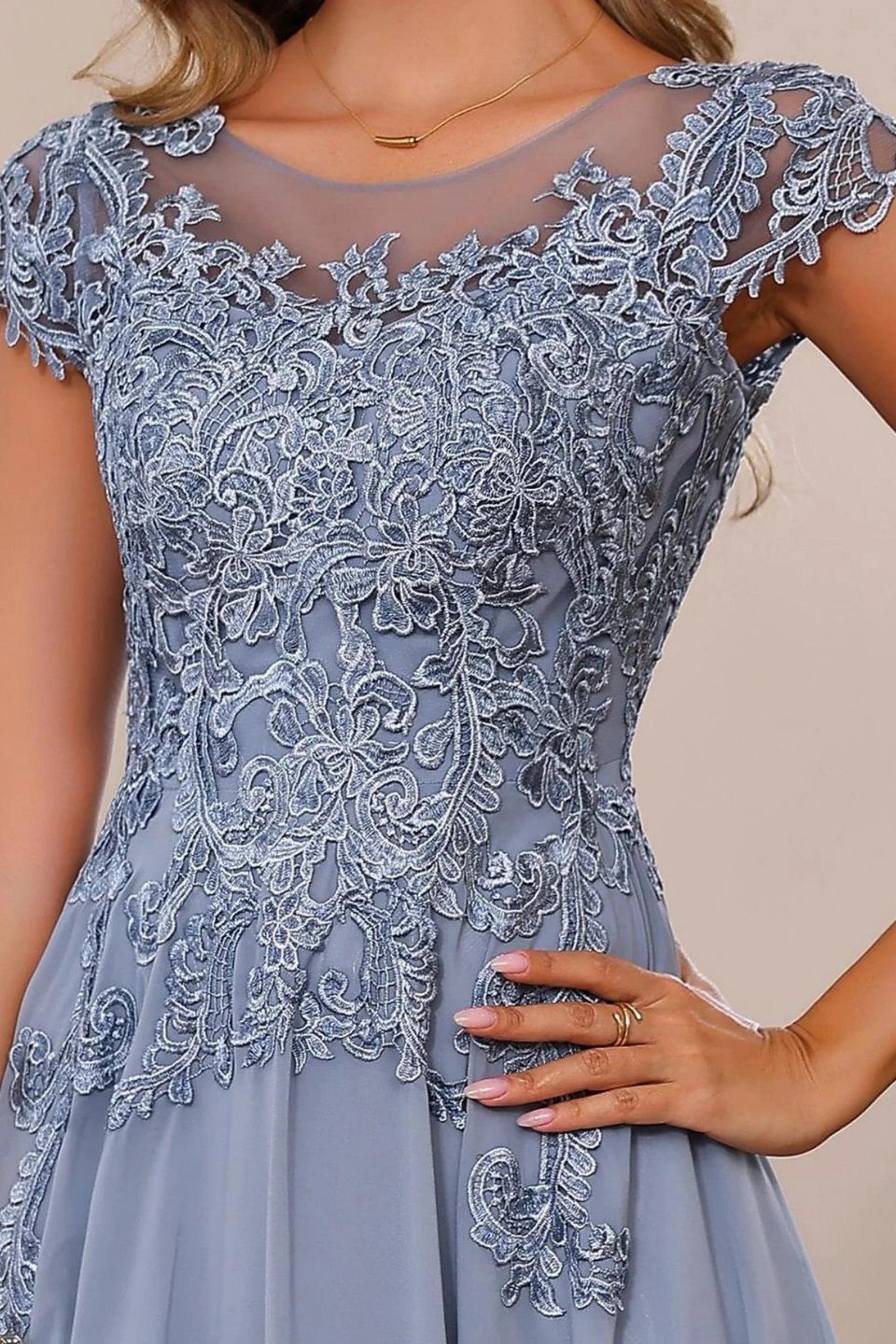Flowy A-Line Bateau Short Sleeve Zip Back Floor Length Mother Of The Bride Dress