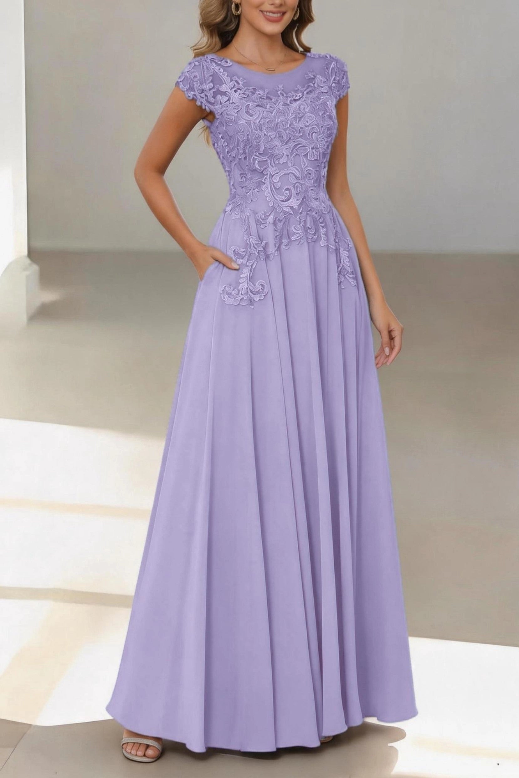 Flowy A-Line Bateau Short Sleeve Zip Back Floor Length Mother Of The Bride Dress