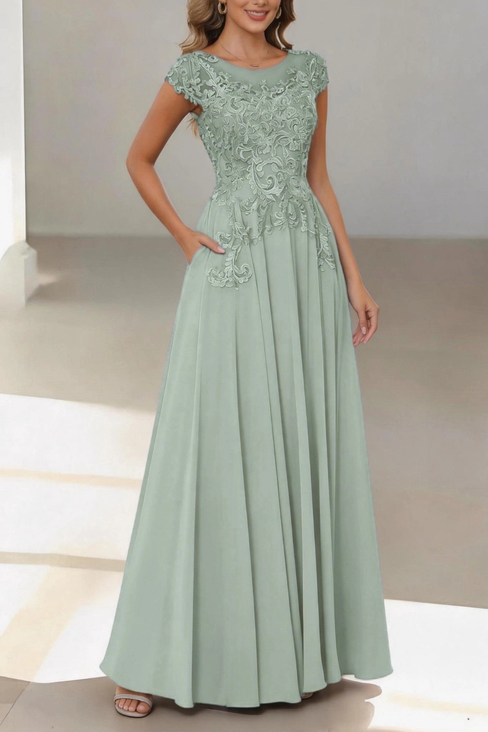 Flowy A-Line Bateau Short Sleeve Zip Back Floor Length Mother Of The Bride Dress