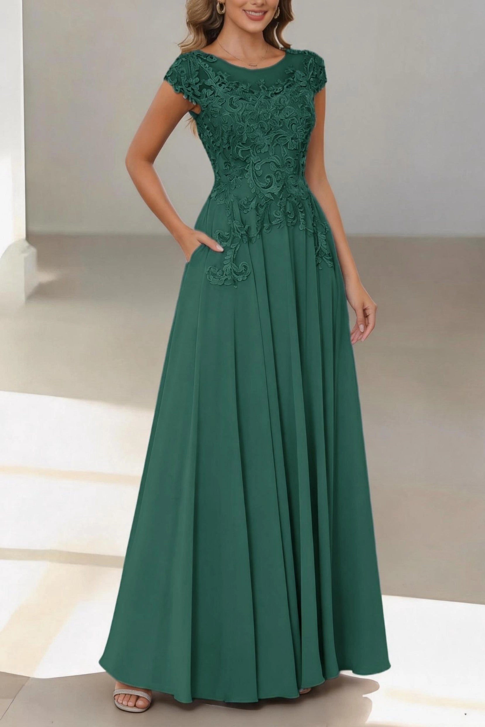 Flowy A-Line Bateau Short Sleeve Zip Back Floor Length Mother Of The Bride Dress