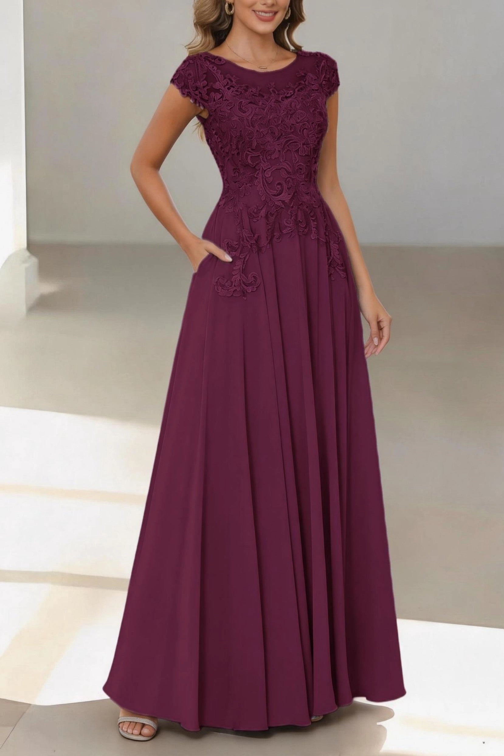 Flowy A-Line Bateau Short Sleeve Zip Back Floor Length Mother Of The Bride Dress