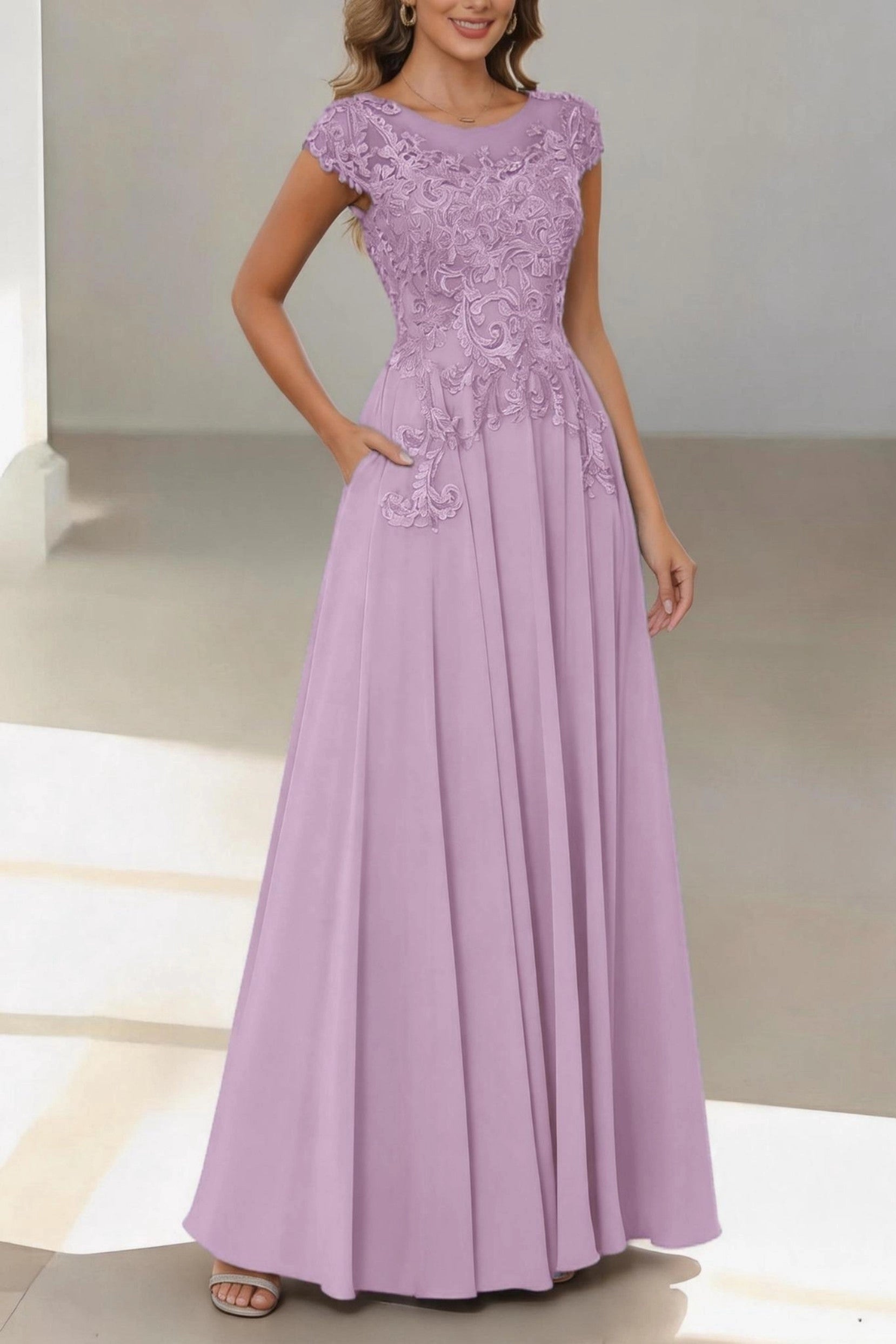 Flowy A-Line Bateau Short Sleeve Zip Back Floor Length Mother Of The Bride Dress