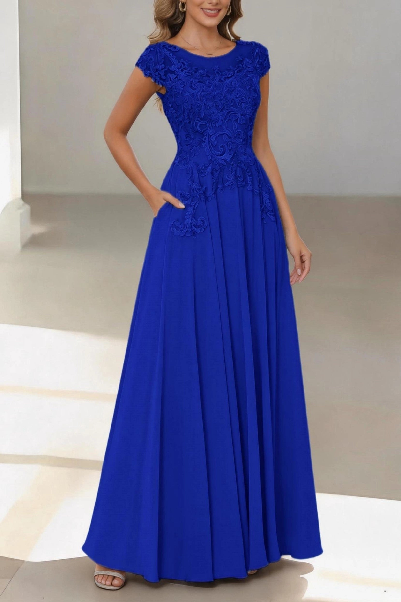 Flowy A-Line Bateau Short Sleeve Zip Back Floor Length Mother Of The Bride Dress