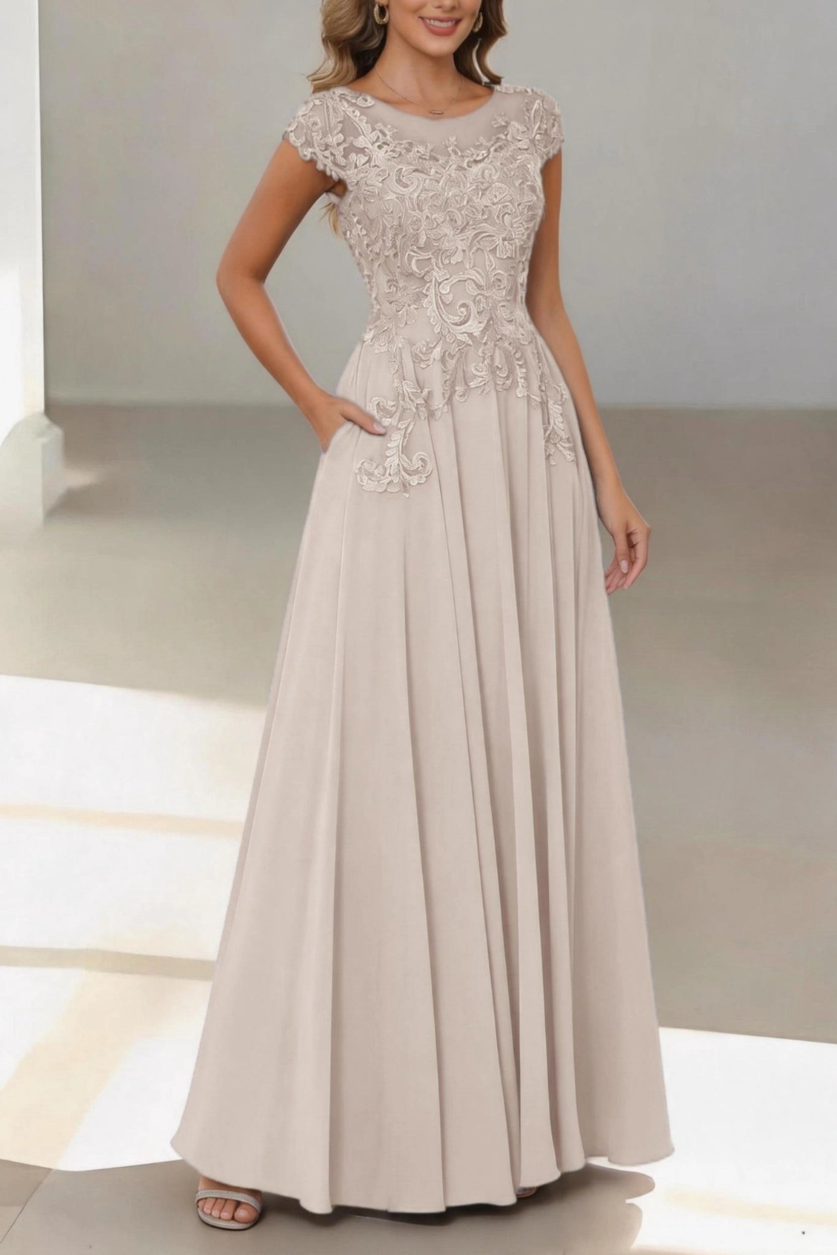 Flowy A-Line Bateau Short Sleeve Zip Back Floor Length Mother Of The Bride Dress