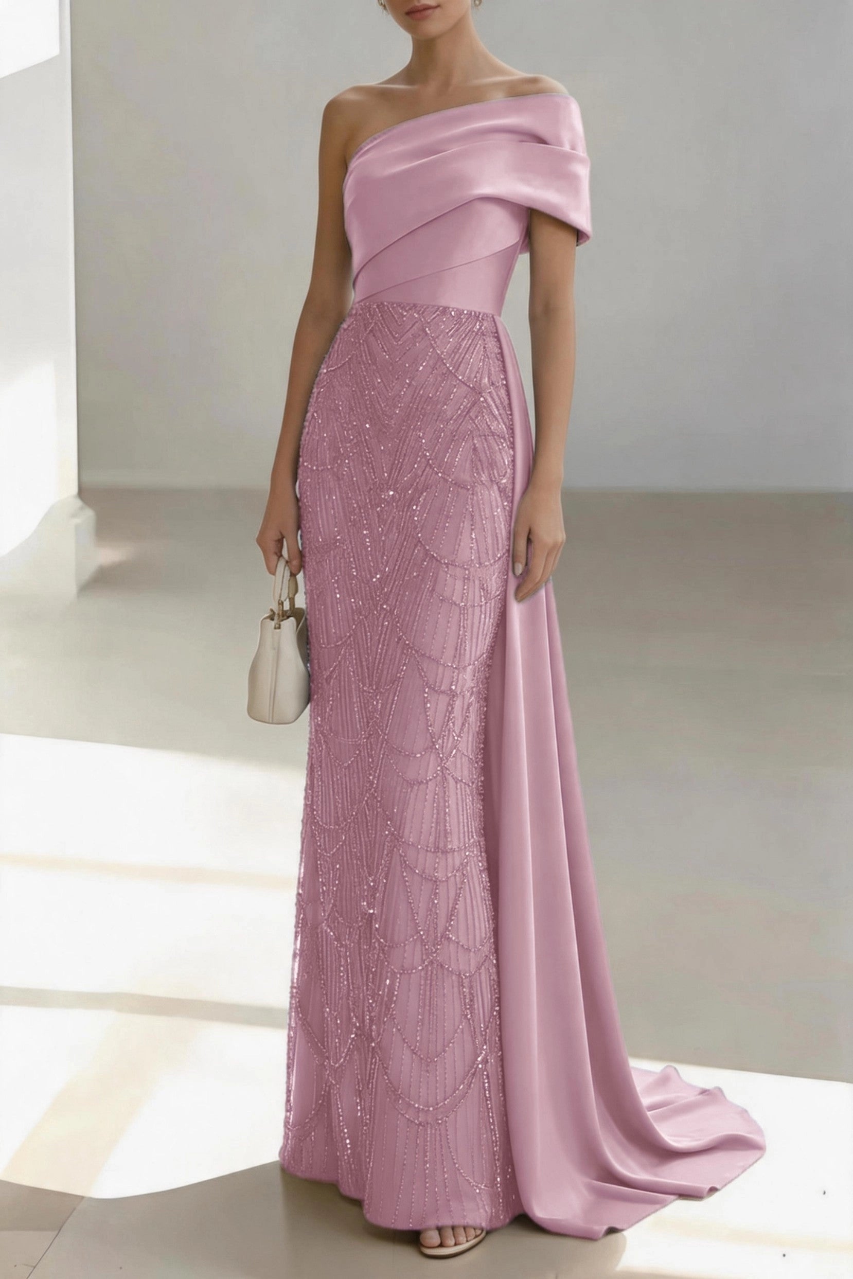 Glam Mermaid One Shoulder Sleeveless Zip Back Floor Length Mother Of The Bride Dress