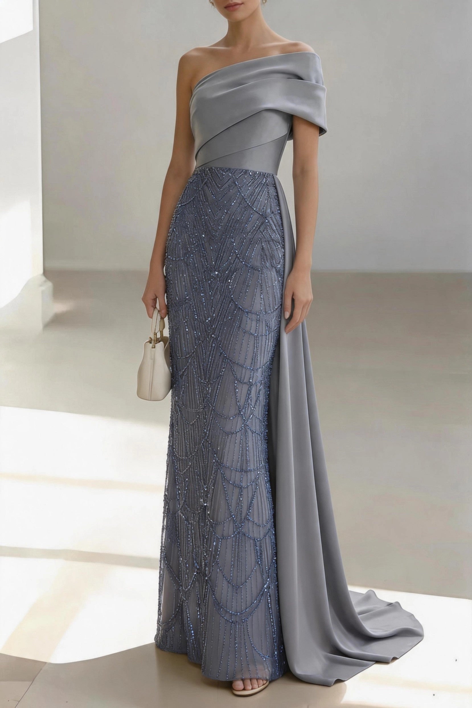 Vedress silver gray satin beaded mermaid mother of the bride dress one shoulder draped sleeve floor gown for evening wedding formal gala
