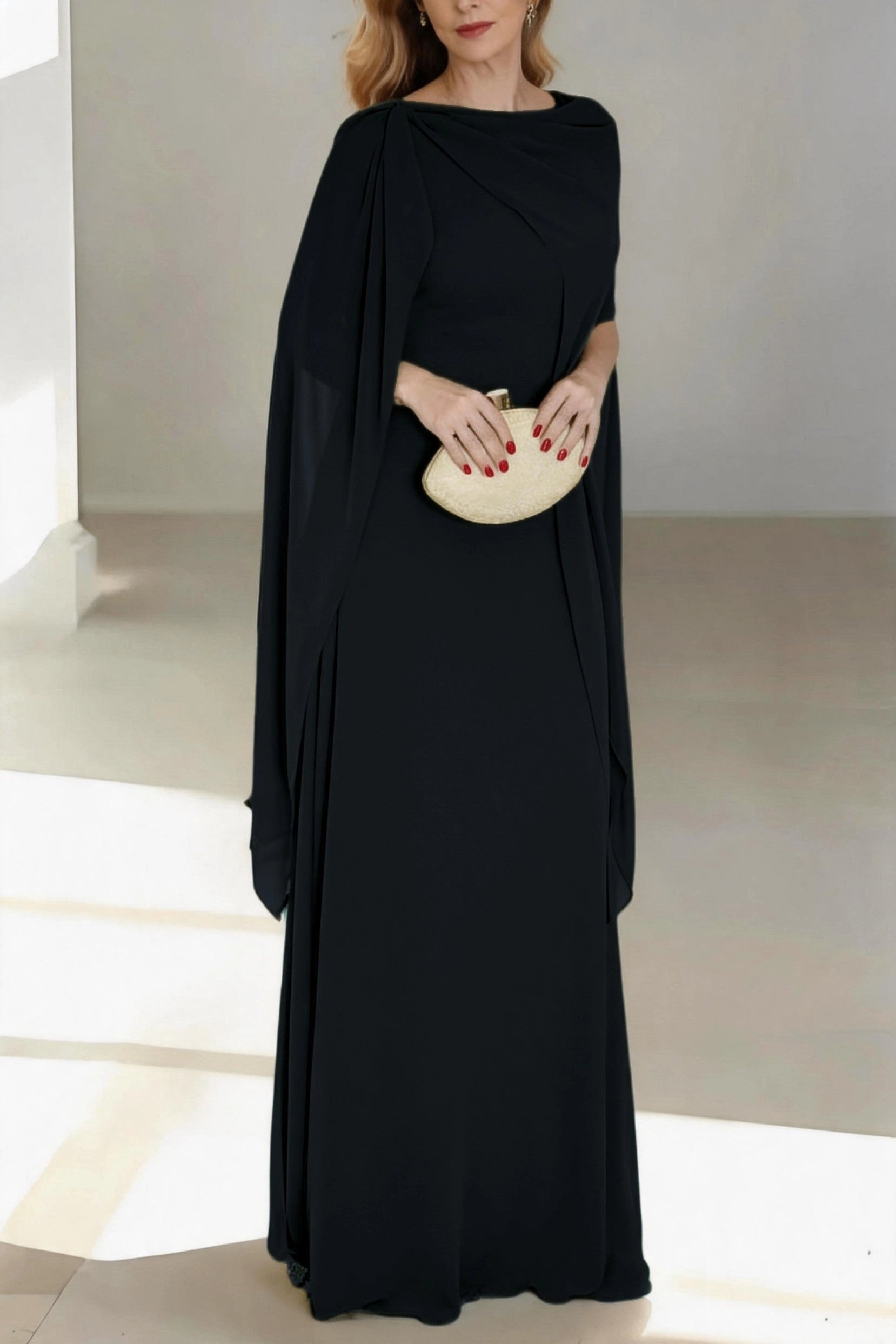 Flowy A-Line Cowl Cape Sleeve Zip Back Floor Length Mother Of The Bride Dress