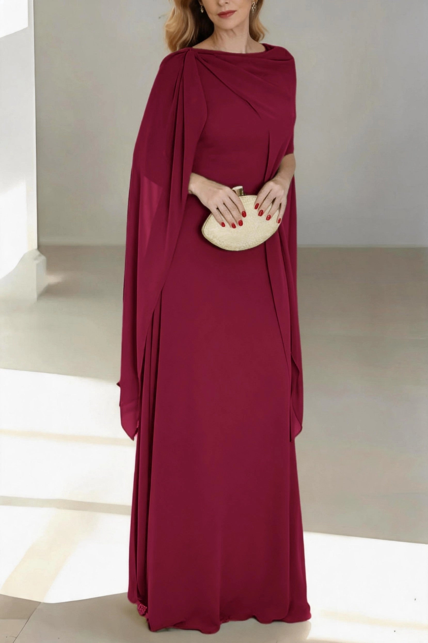 Flowy A-Line Cowl Cape Sleeve Zip Back Floor Length Mother Of The Bride Dress