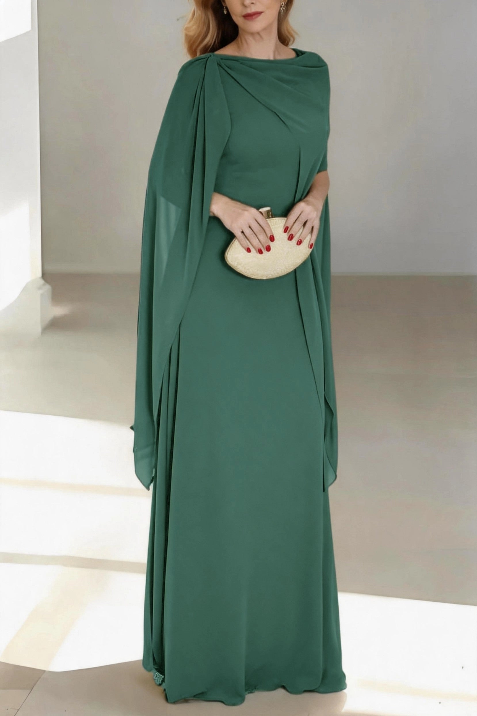 Flowy A-Line Cowl Cape Sleeve Zip Back Floor Length Mother Of The Bride Dress