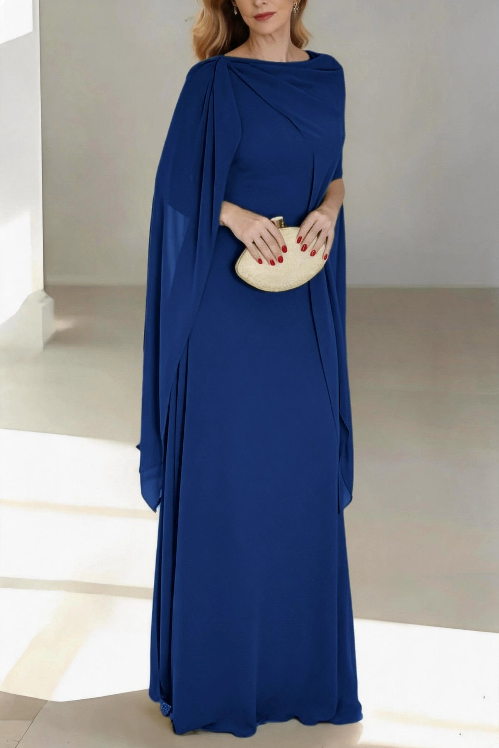 Flowy A-Line Cowl Cape Sleeve Zip Back Floor Length Mother Of The Bride Dress