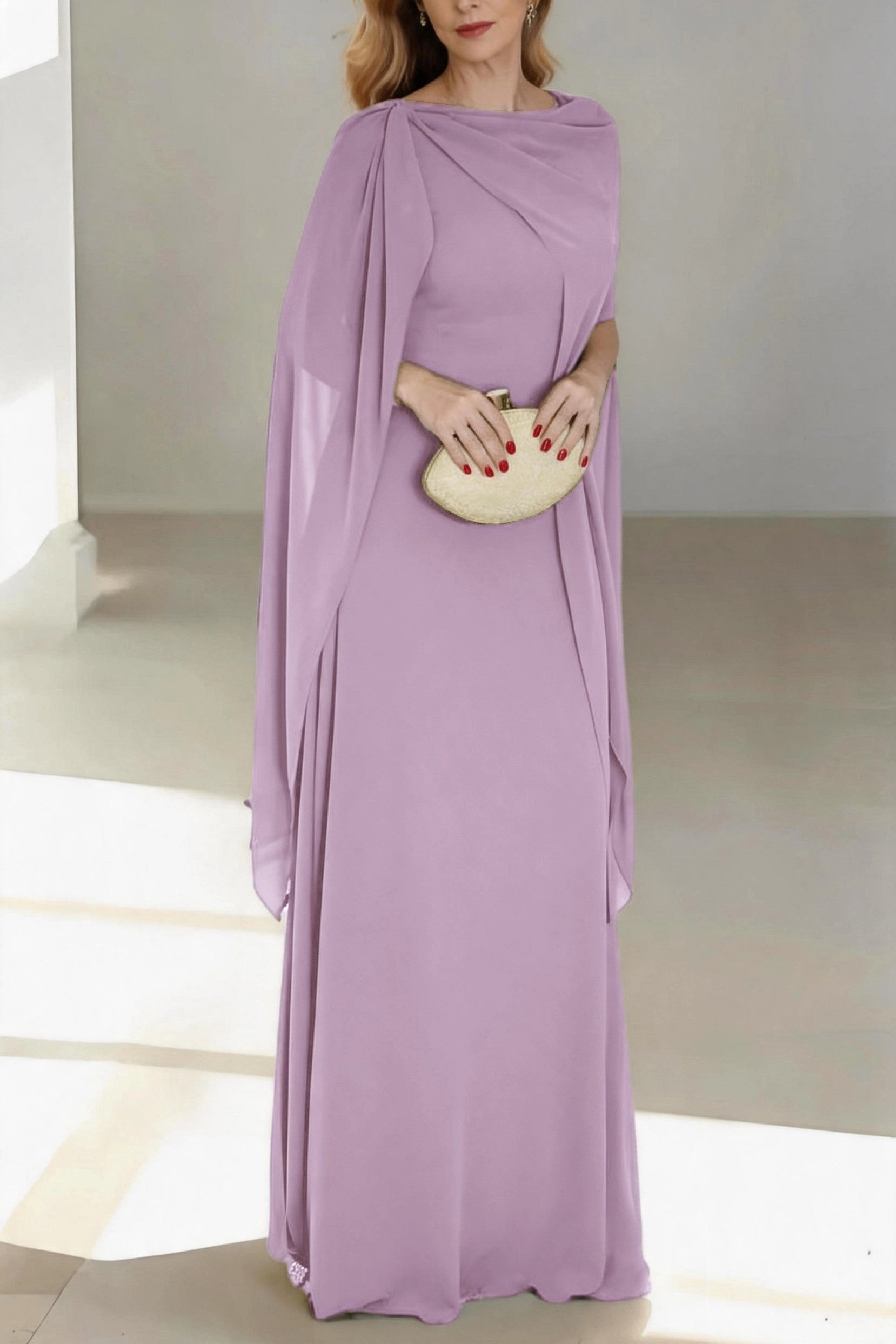 Flowy A-Line Cowl Cape Sleeve Zip Back Floor Length Mother Of The Bride Dress