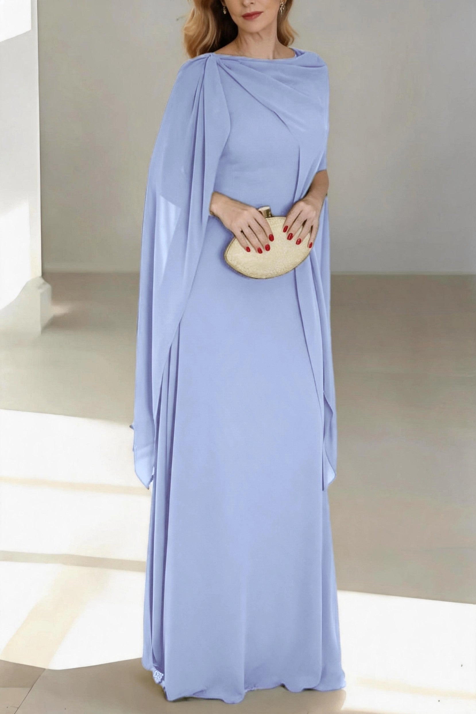 Flowy A-Line Cowl Cape Sleeve Zip Back Floor Length Mother Of The Bride Dress