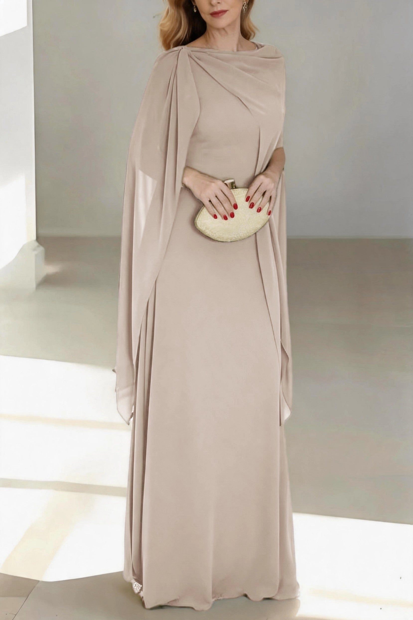 Flowy A-Line Cowl Cape Sleeve Zip Back Floor Length Mother Of The Bride Dress