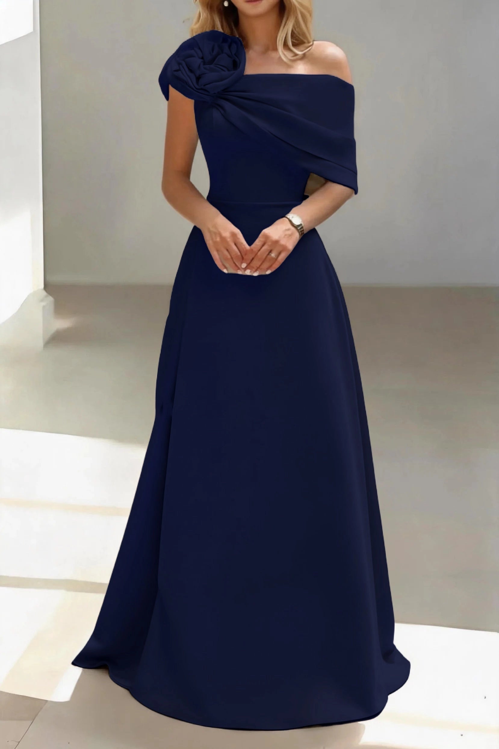 Luxury A-Line One Shoulder Sleeveless Zip Back Floor Length Mother Of The Bride Dress