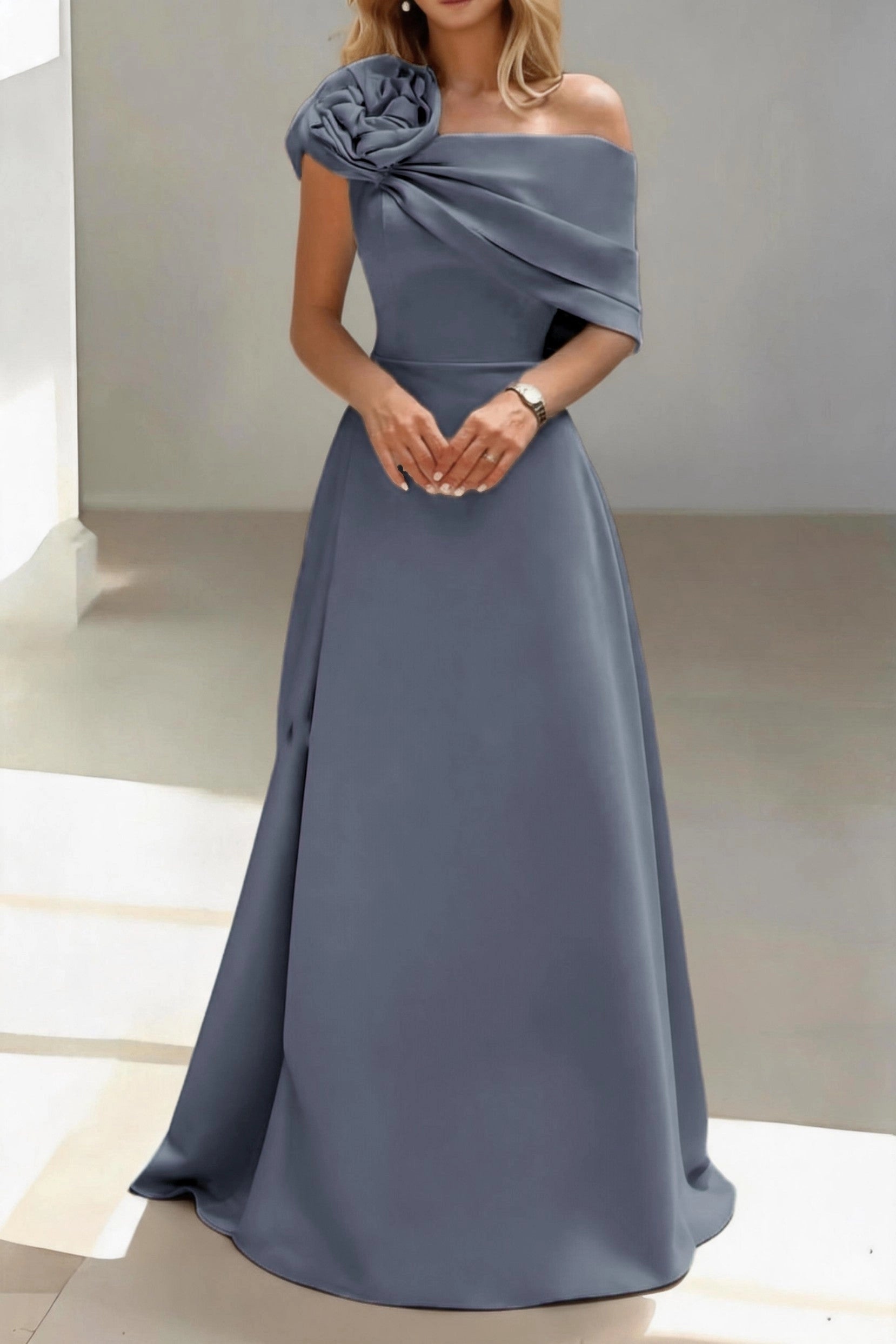 Luxury A-Line One Shoulder Sleeveless Zip Back Floor Length Mother Of The Bride Dress