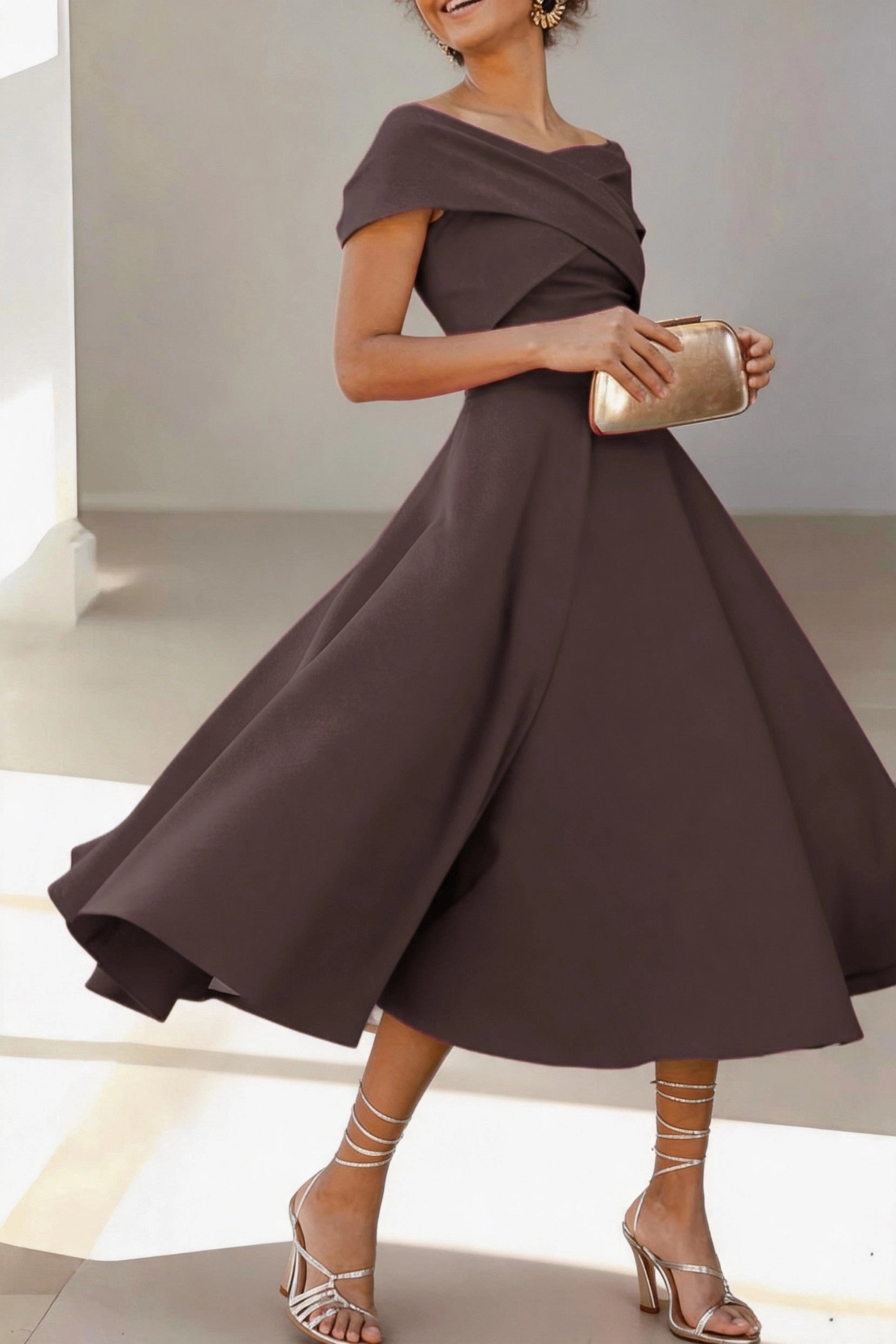Vibrant A-Line Off Shoulder Short Sleeve Zip Back Midi Mother Of The Bride Dress