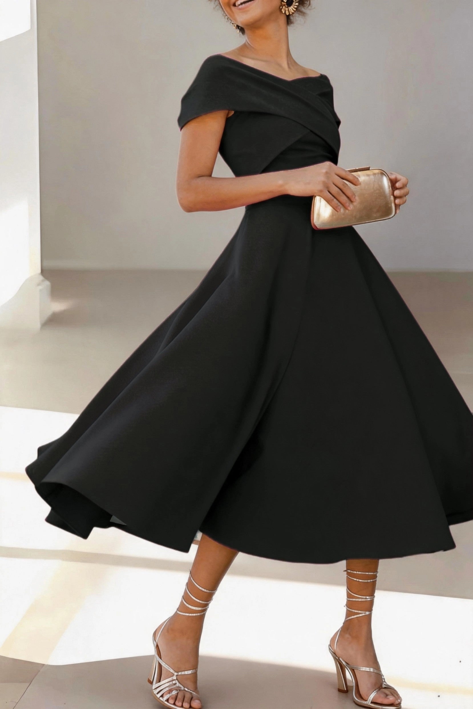 Vibrant A-Line Off Shoulder Short Sleeve Zip Back Midi Mother Of The Bride Dress