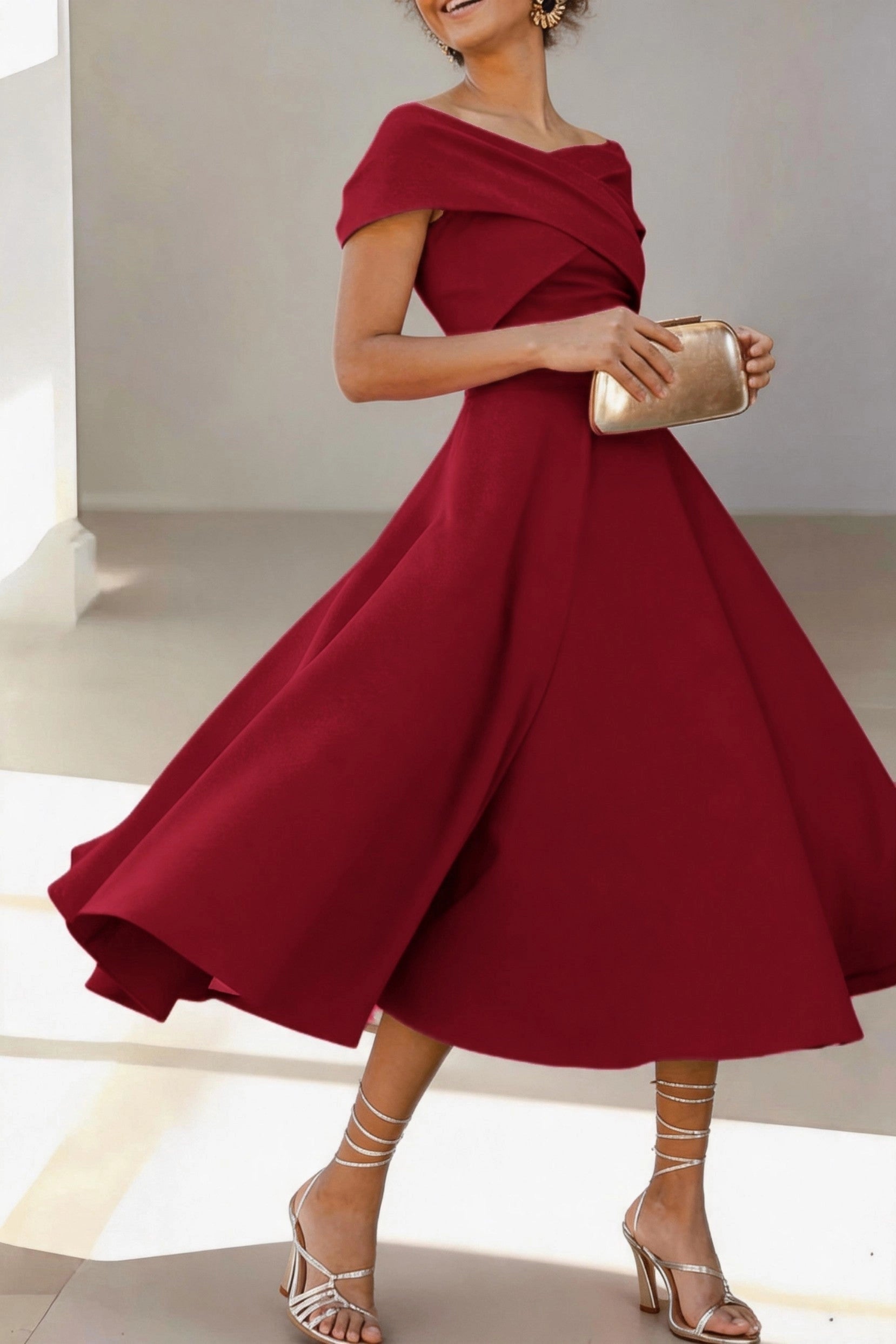 Vibrant A-Line Off Shoulder Short Sleeve Zip Back Midi Mother Of The Bride Dress