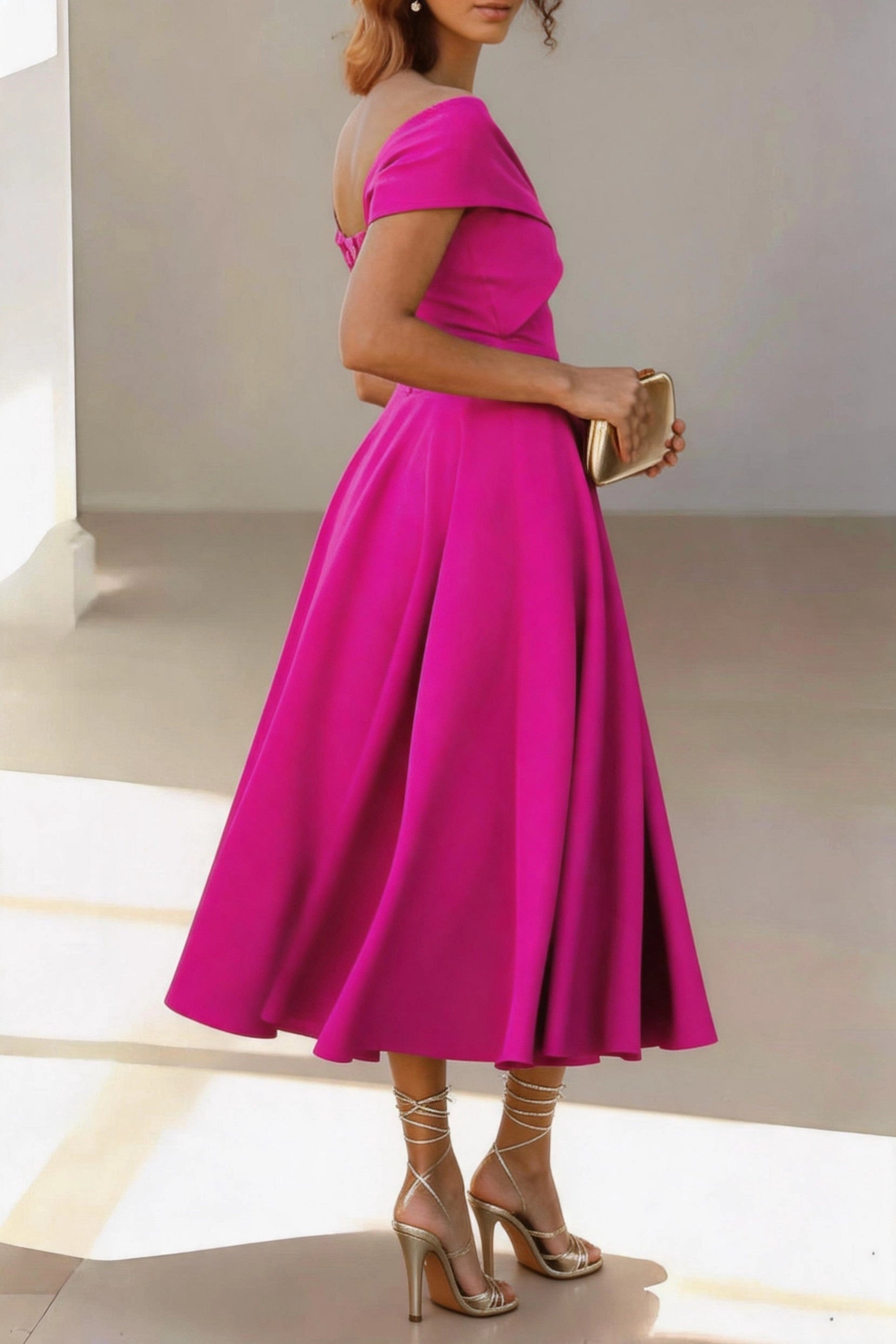 Vibrant A-Line Off Shoulder Short Sleeve Zip Back Midi Mother Of The Bride Dress