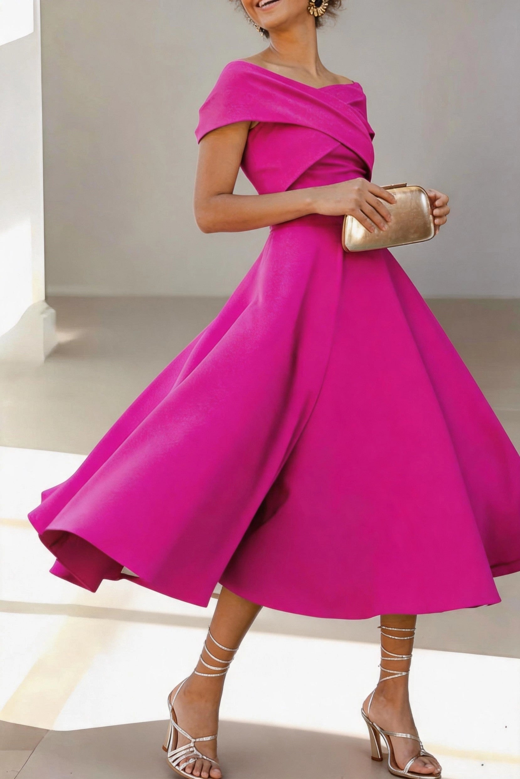 Vedress fuchsia satin midi mother of the bride dress cross fold off shoulder short sleeve a-line gown for garden wedding Ascot race day
