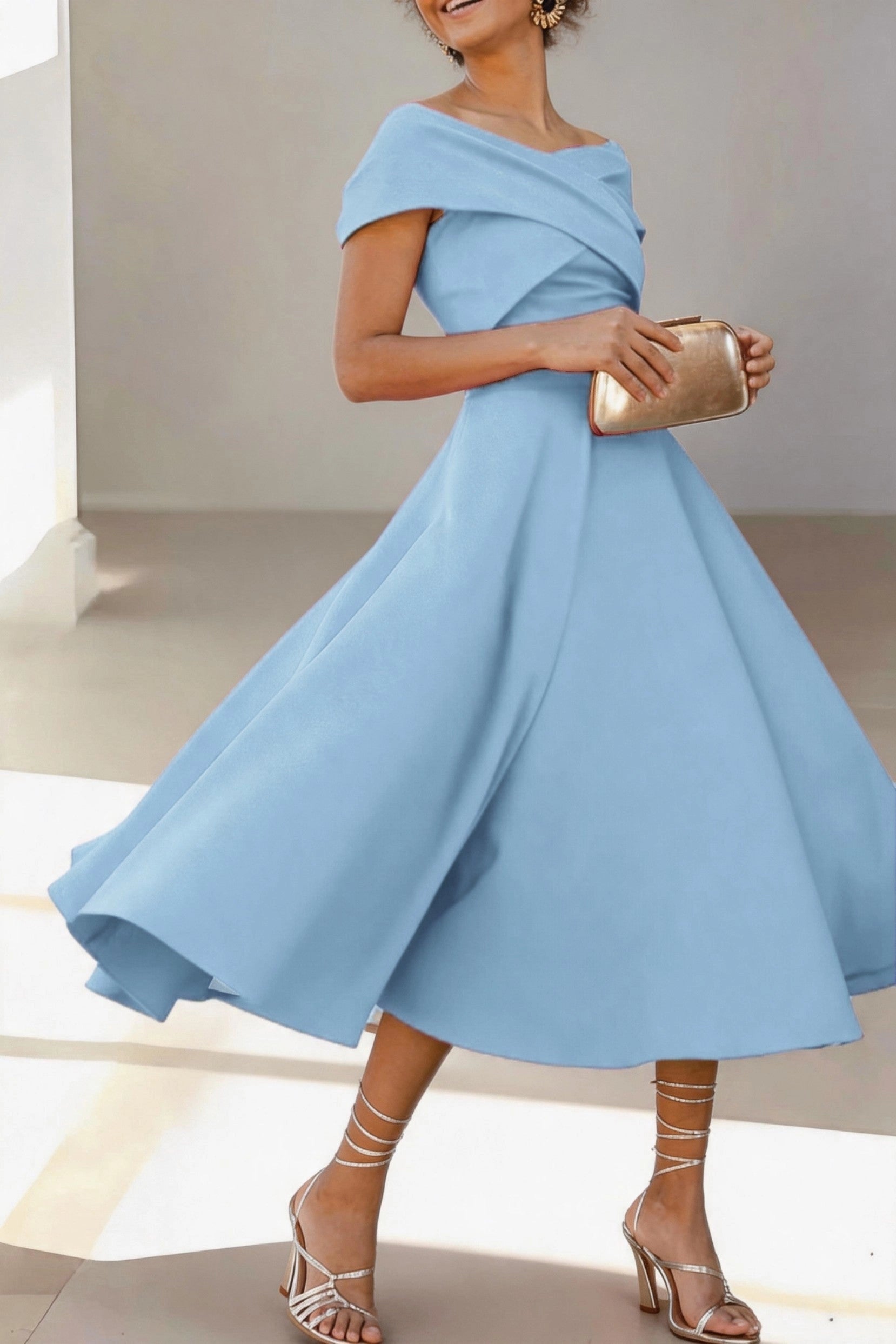 Vibrant A-Line Off Shoulder Short Sleeve Zip Back Midi Mother Of The Bride Dress