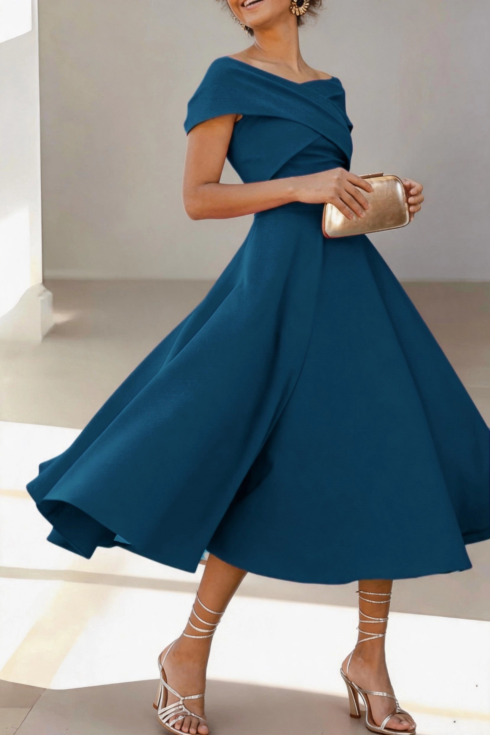 Vibrant A-Line Off Shoulder Short Sleeve Zip Back Midi Mother Of The Bride Dress