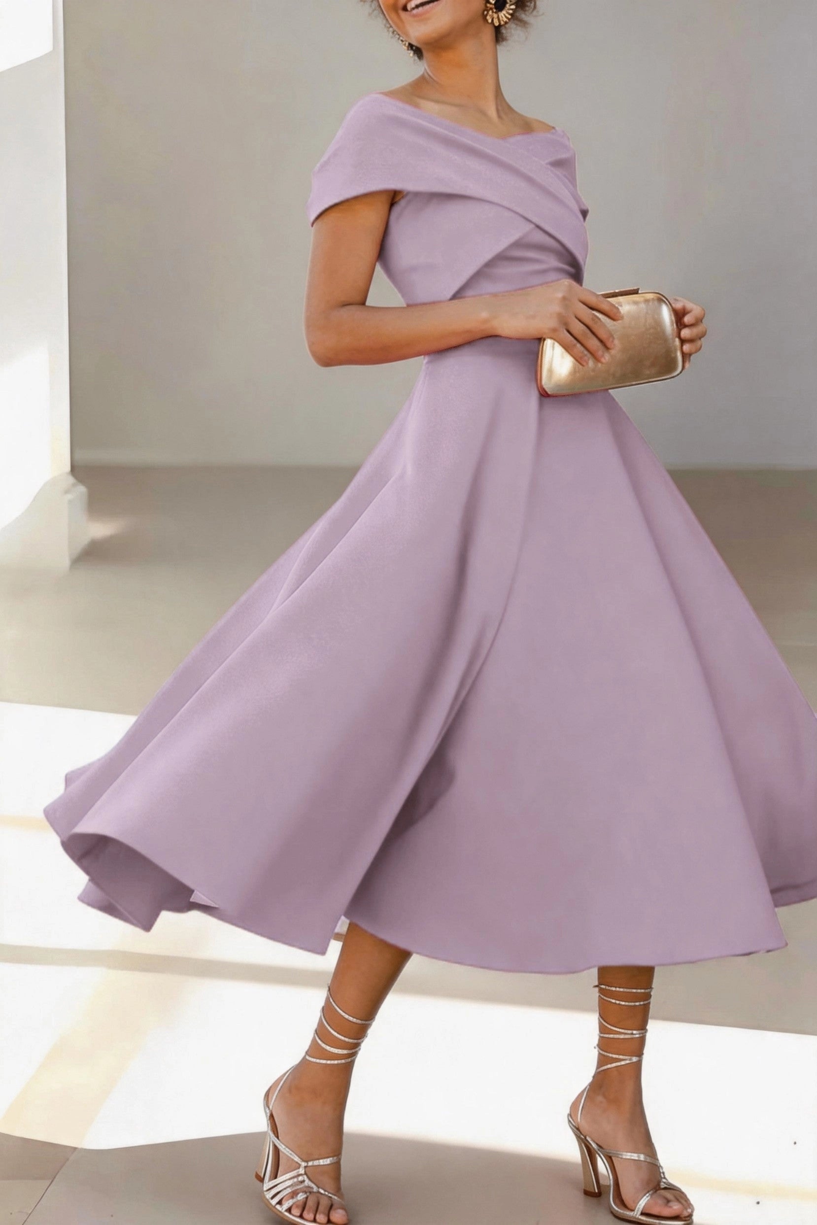 Vibrant A-Line Off Shoulder Short Sleeve Zip Back Midi Mother Of The Bride Dress