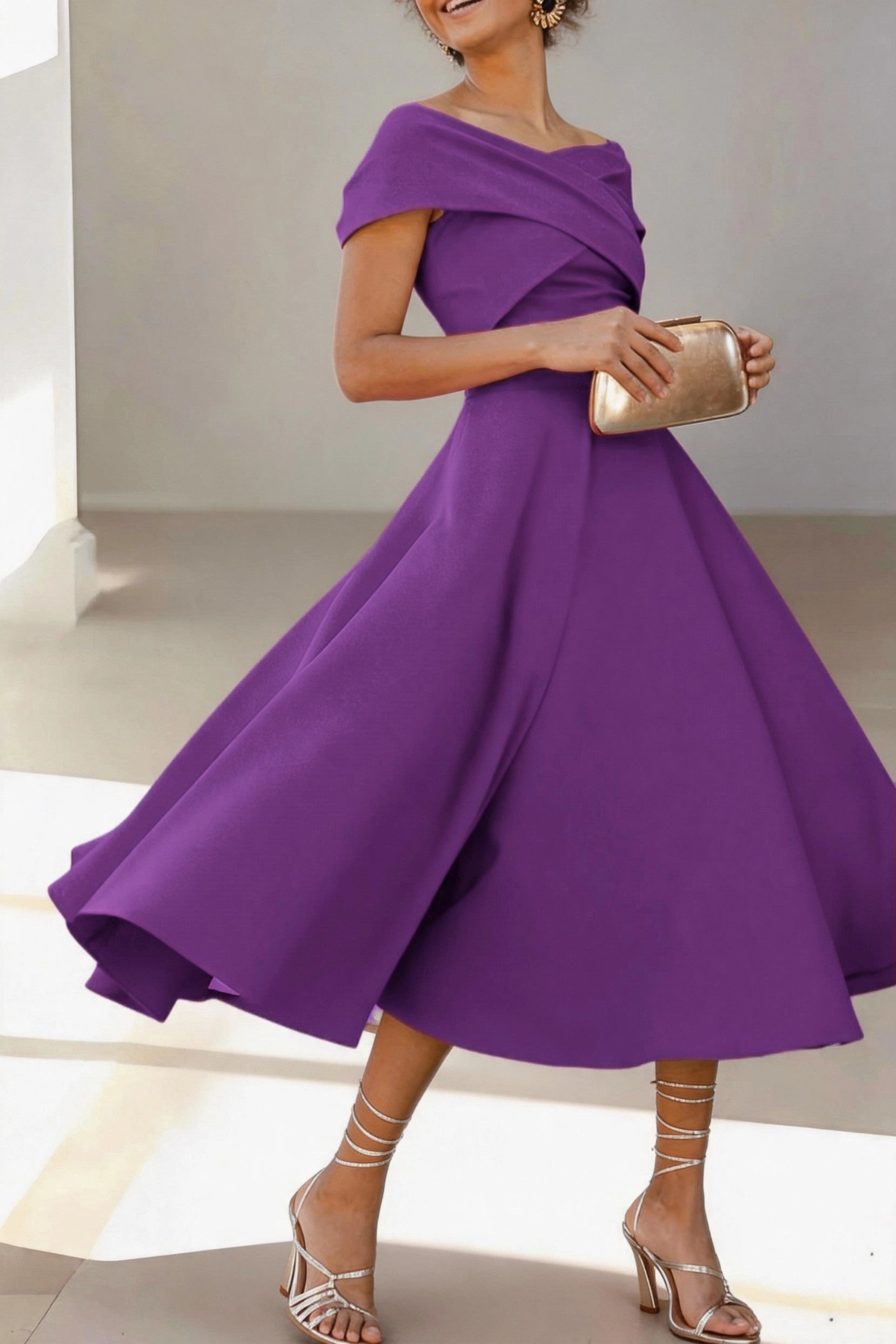 Vibrant A-Line Off Shoulder Short Sleeve Zip Back Midi Mother Of The Bride Dress