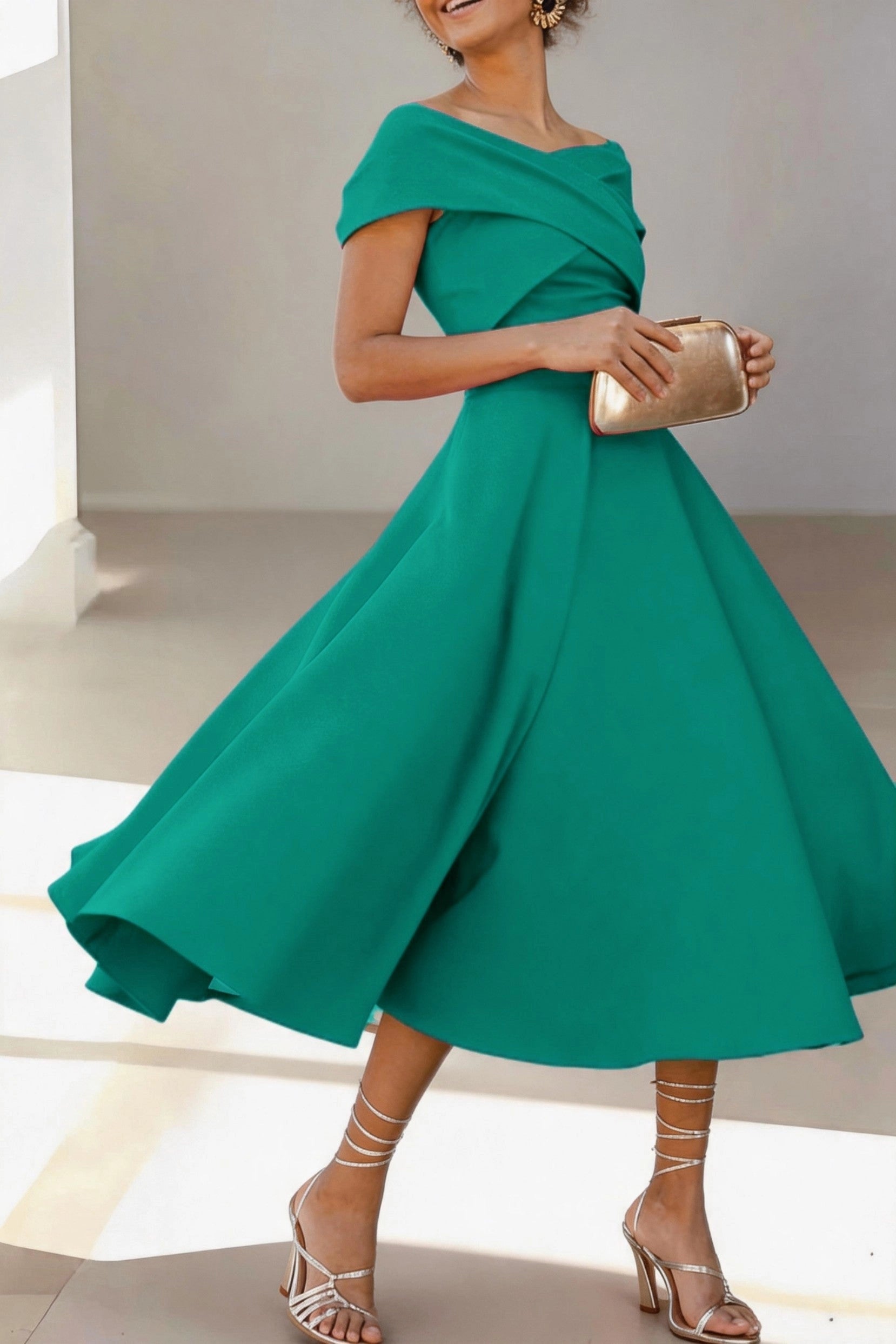 Vibrant A-Line Off Shoulder Short Sleeve Zip Back Midi Mother Of The Bride Dress