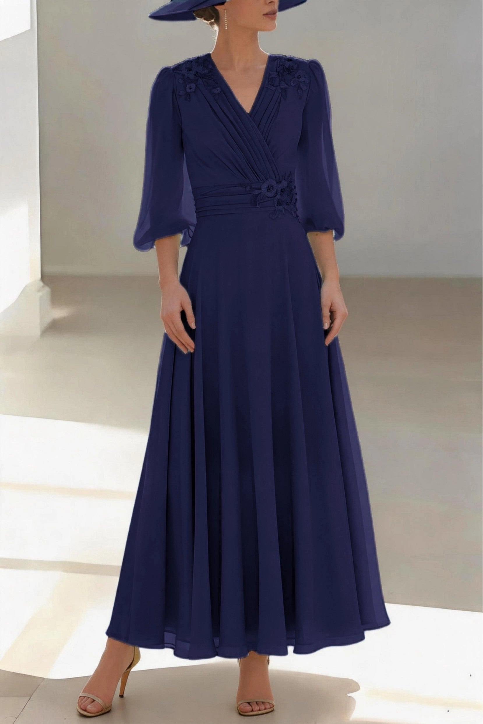 Soft A-Line V Neck 3/4 Sleeve Zip Back Floor Length Mother Of The Bride Dress