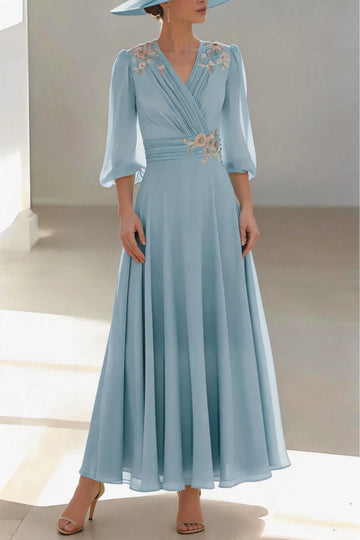 Soft A-Line V Neck 3/4 Sleeve Zip Back Floor Length Mother Of The Bride Dress