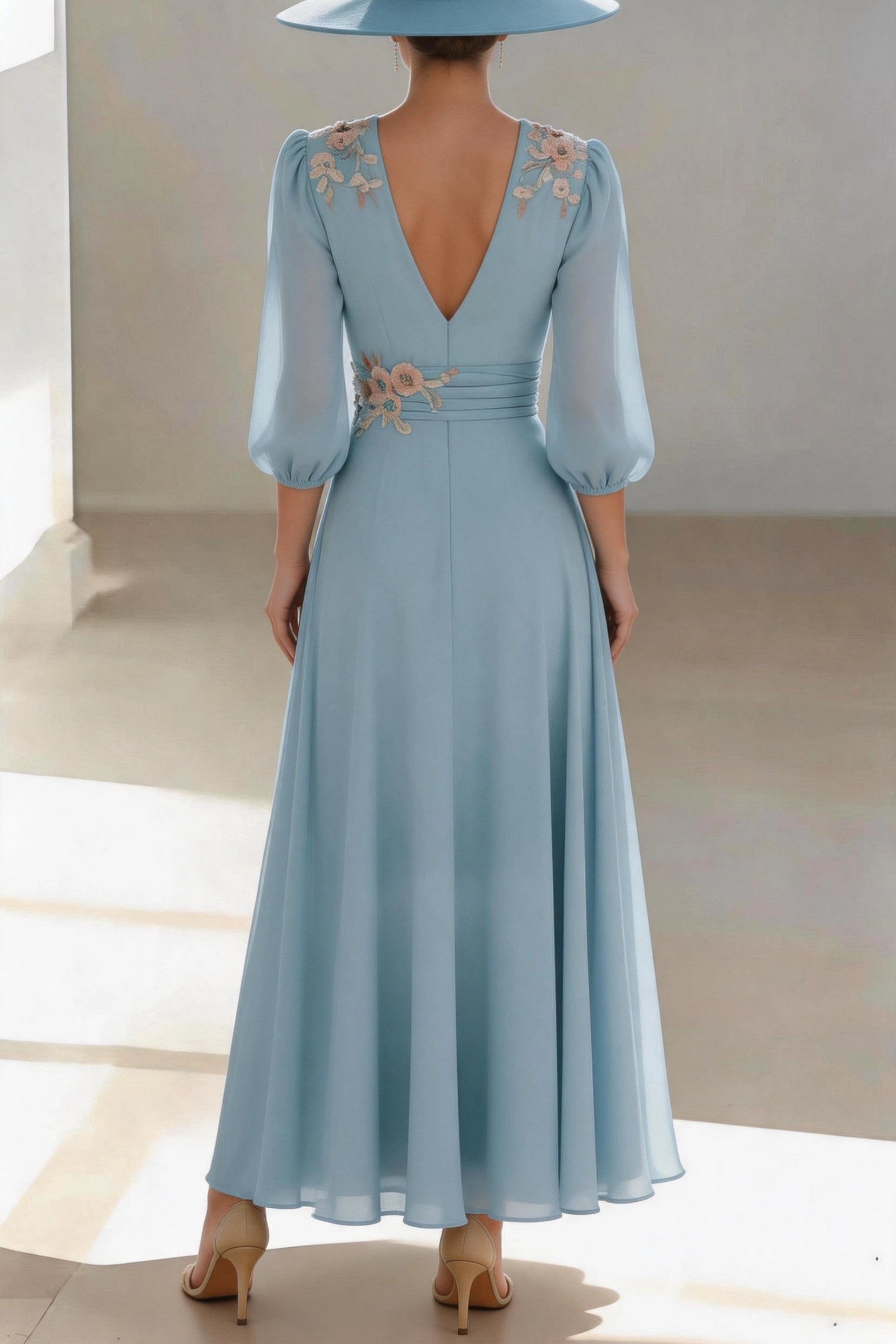 Soft A-Line V Neck 3/4 Sleeve Zip Back Floor Length Mother Of The Bride Dress