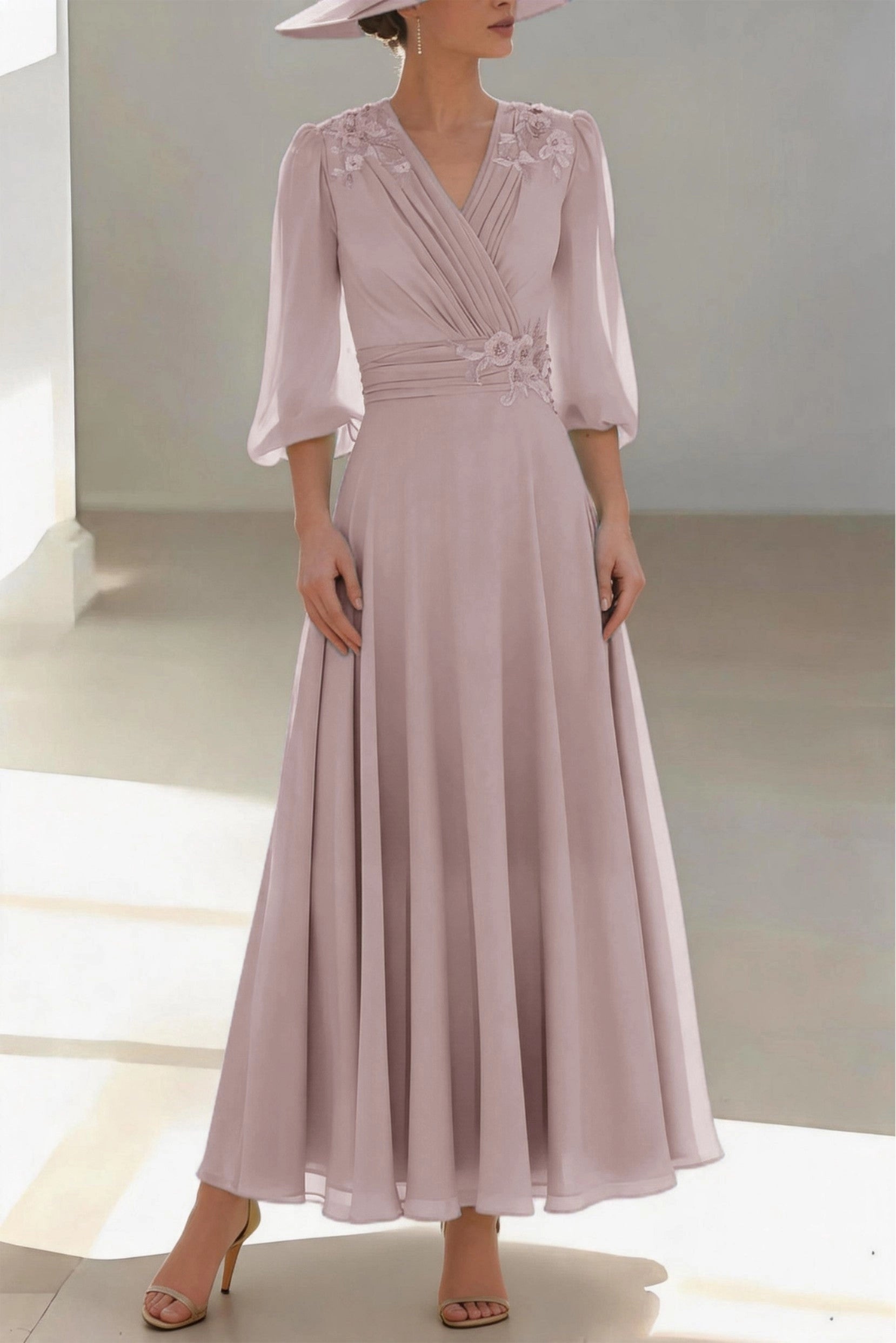 Soft A-Line V Neck 3/4 Sleeve Zip Back Floor Length Mother Of The Bride Dress