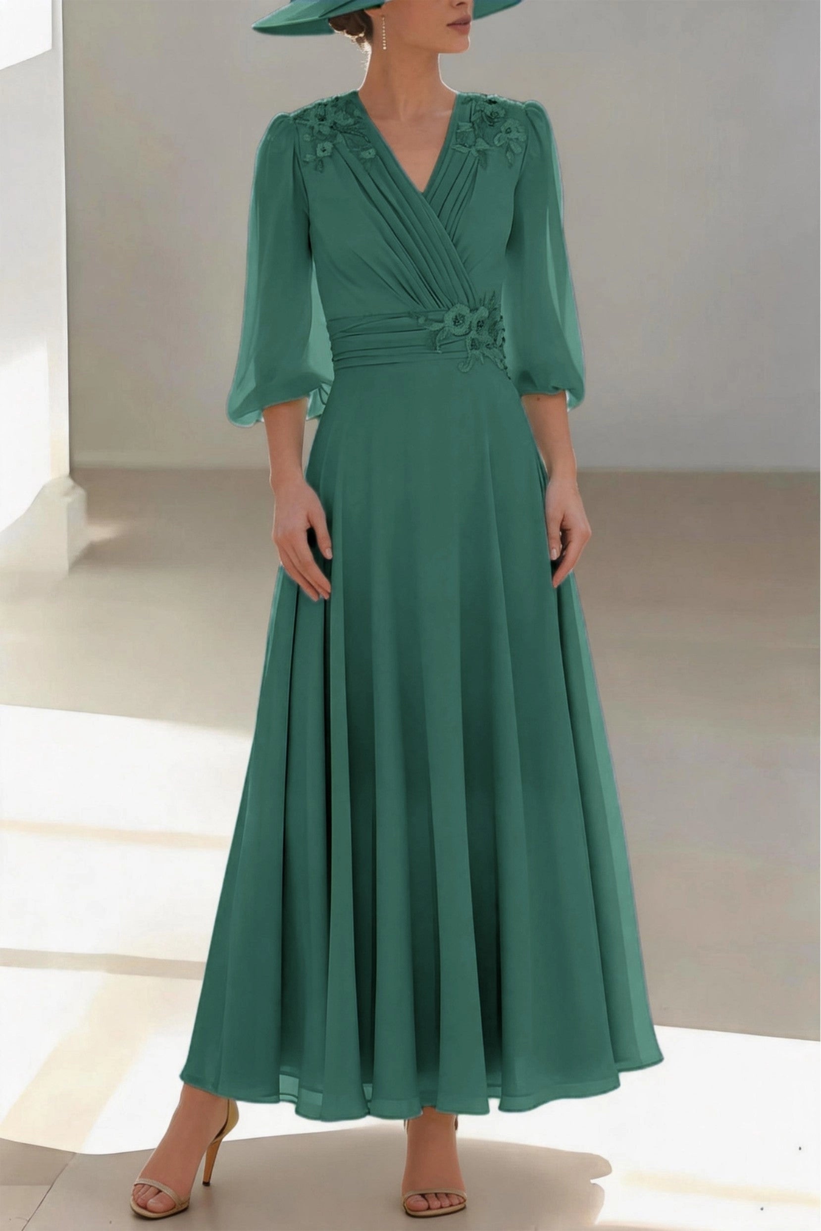 Soft A-Line V Neck 3/4 Sleeve Zip Back Floor Length Mother Of The Bride Dress
