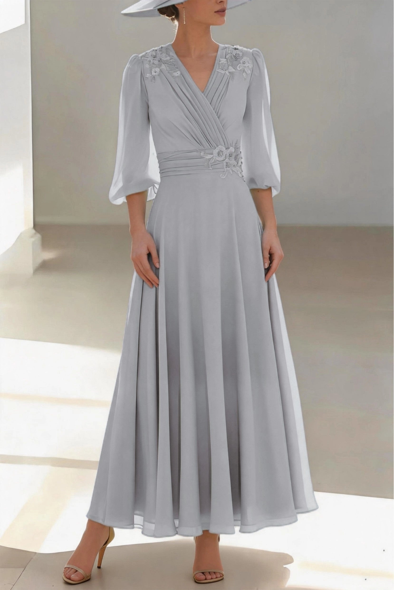 Soft A-Line V Neck 3/4 Sleeve Zip Back Floor Length Mother Of The Bride Dress